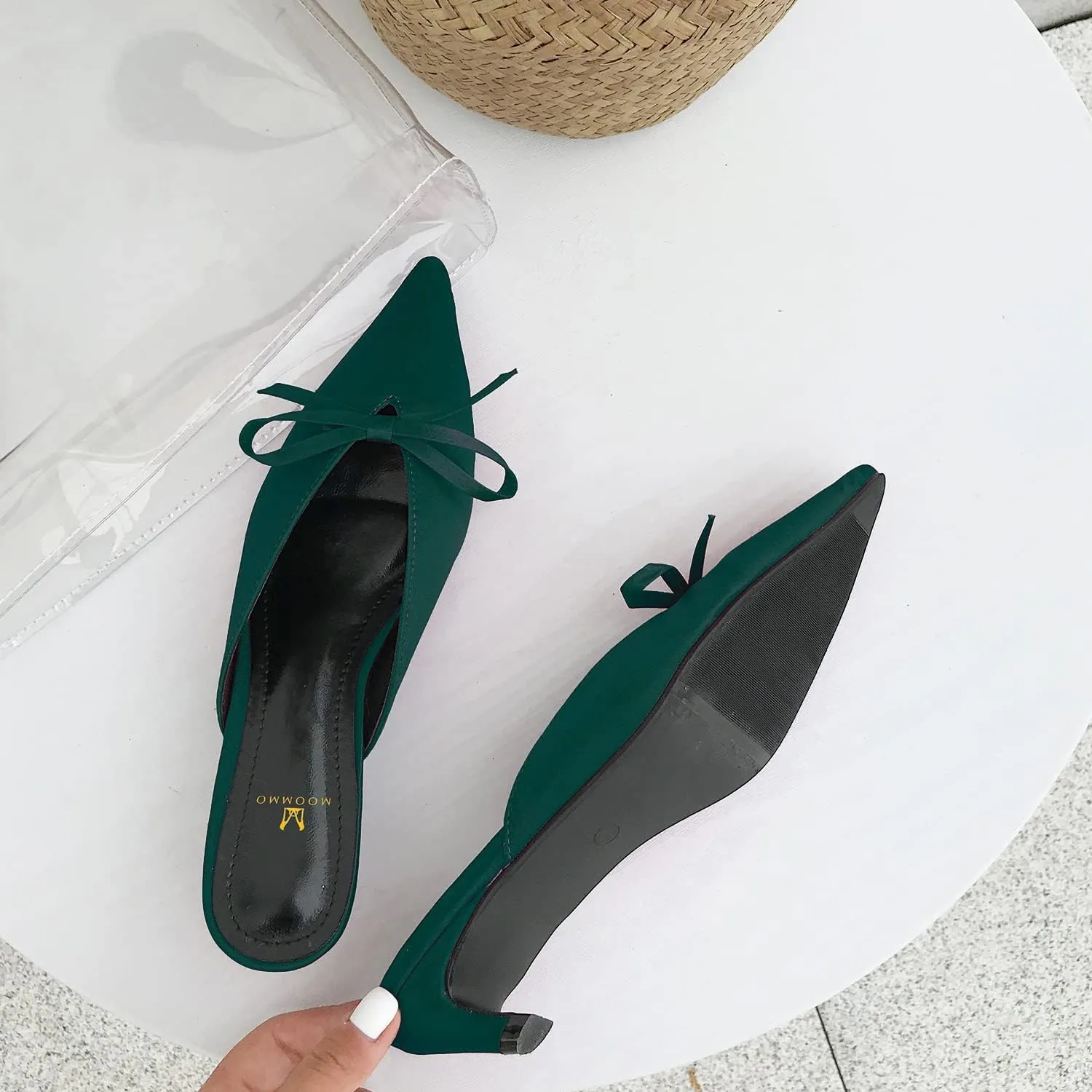 MOOMMO Women Satin Kitten Heel Mules Sandals Pointed Toe Slip On Bowtie Slide Sandal 1.5 Inch Low Heels Backless Loafer Shoes for Office Ladies Dressy Casual Summer Comfort Heeled Slipper 5-13 M US