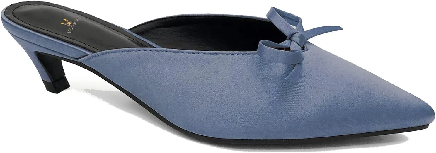 MOOMMO Women Satin Kitten Heel Mules Sandals Pointed Toe Slip On Bowtie Slide Sandal 1.5 Inch Low Heels Backless Loafer Shoes for Office Ladies Dressy Casual Summer Comfort Heeled Slipper 5-13 M US