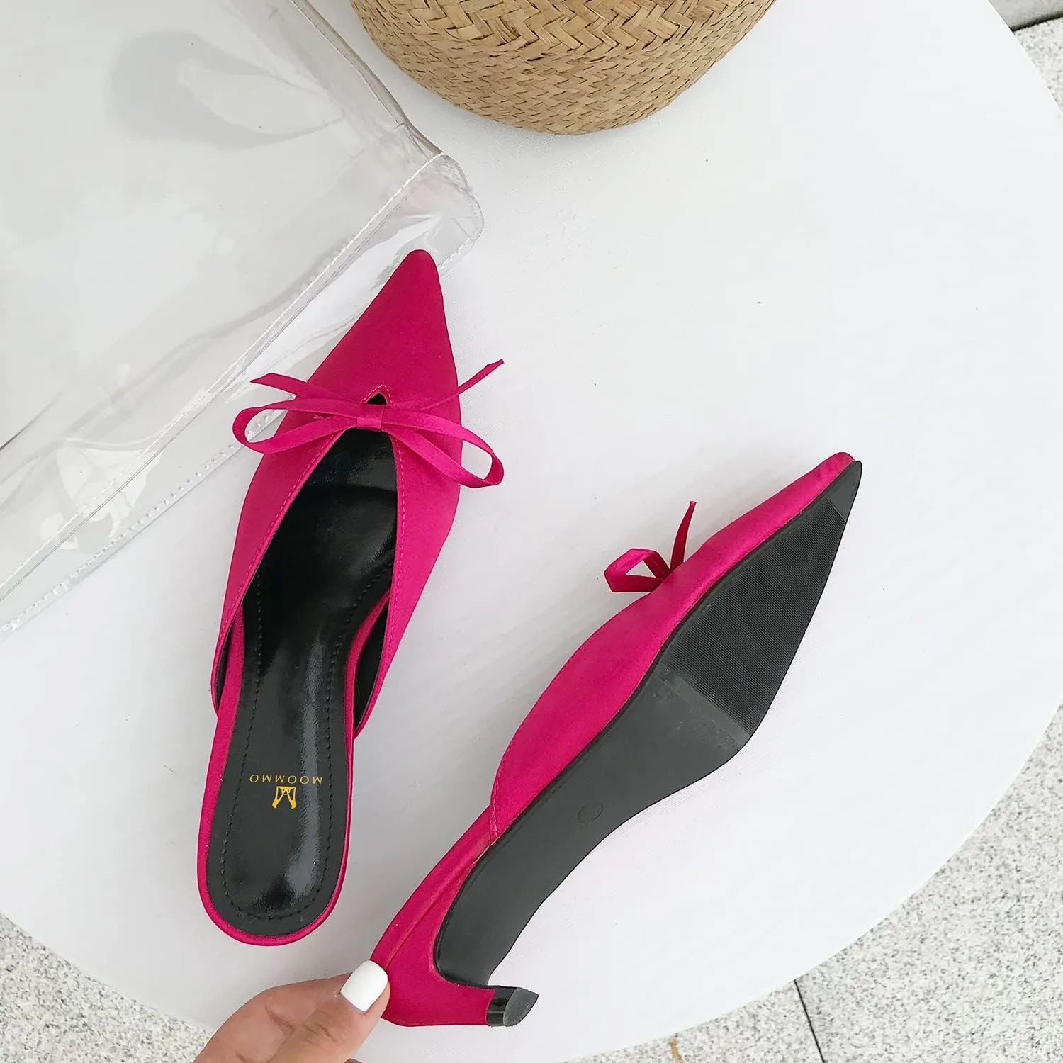 MOOMMO Women Satin Kitten Heel Mules Sandals Pointed Toe Slip On Bowtie Slide Sandal 1.5 Inch Low Heels Backless Loafer Shoes for Office Ladies Dressy Casual Summer Comfort Heeled Slipper 5-13 M US