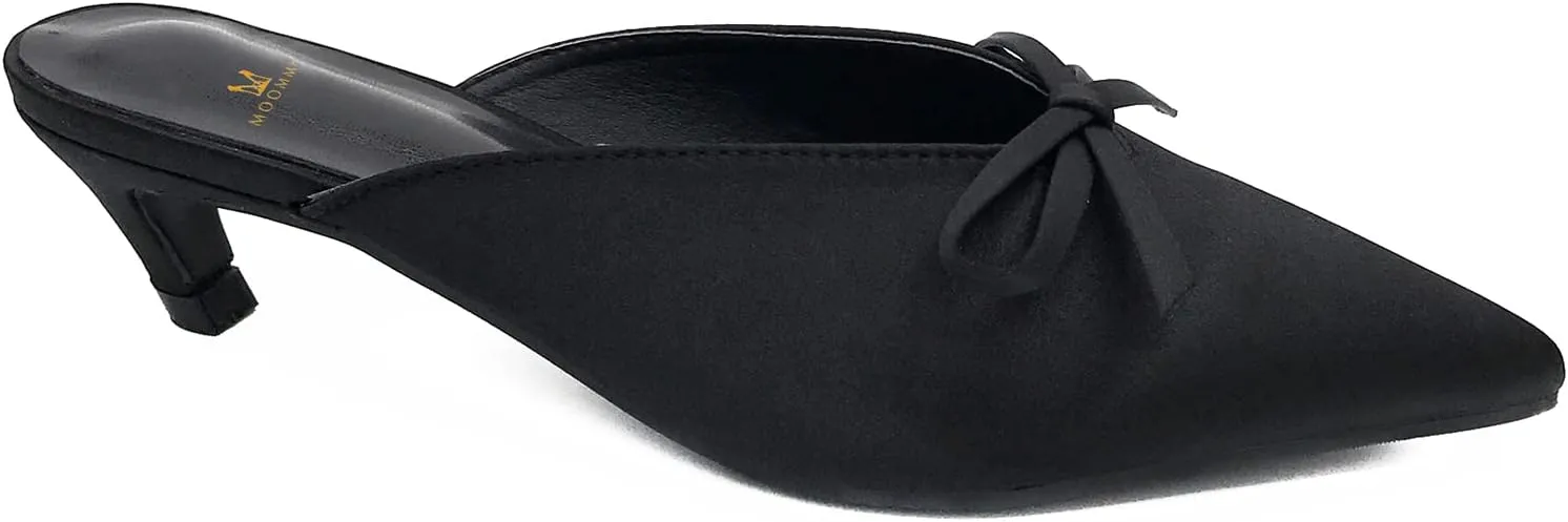 MOOMMO Women Satin Kitten Heel Mules Sandals Pointed Toe Slip On Bowtie Slide Sandal 1.5 Inch Low Heels Backless Loafer Shoes for Office Ladies Dressy Casual Summer Comfort Heeled Slipper 5-13 M US