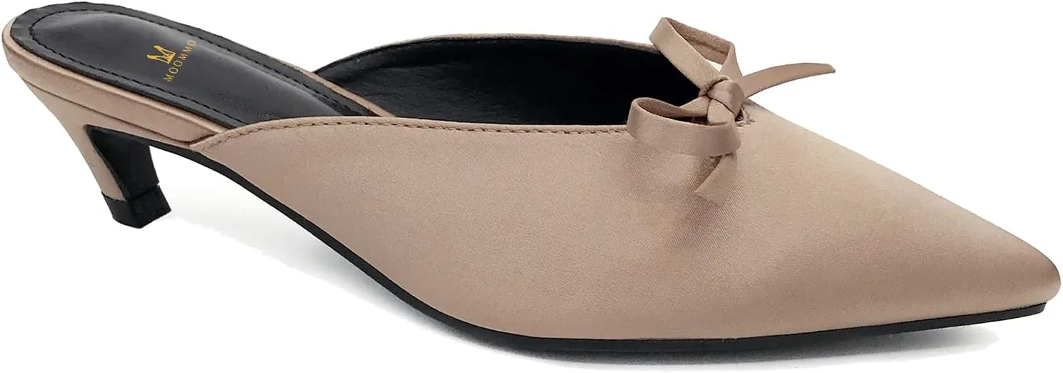 MOOMMO Women Satin Kitten Heel Mules Sandals Pointed Toe Slip On Bowtie Slide Sandal 1.5 Inch Low Heels Backless Loafer Shoes for Office Ladies Dressy Casual Summer Comfort Heeled Slipper 5-13 M US