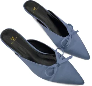 MOOMMO Women Satin Kitten Heel Mules Sandals Pointed Toe Slip On Bowtie Slide Sandal 1.5 Inch Low Heels Backless Loafer Shoes for Office Ladies Dressy Casual Summer Comfort Heeled Slipper 5-13 M US