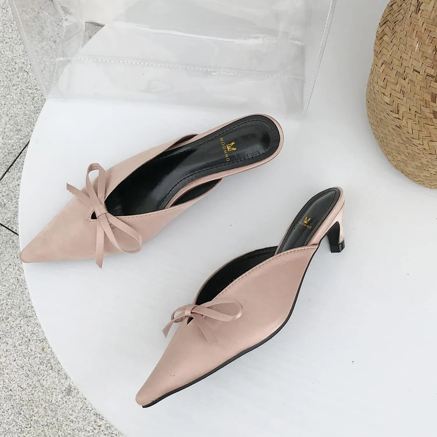 MOOMMO Women Satin Kitten Heel Mules Sandals Pointed Toe Slip On Bowtie Slide Sandal 1.5 Inch Low Heels Backless Loafer Shoes for Office Ladies Dressy Casual Summer Comfort Heeled Slipper 5-13 M US