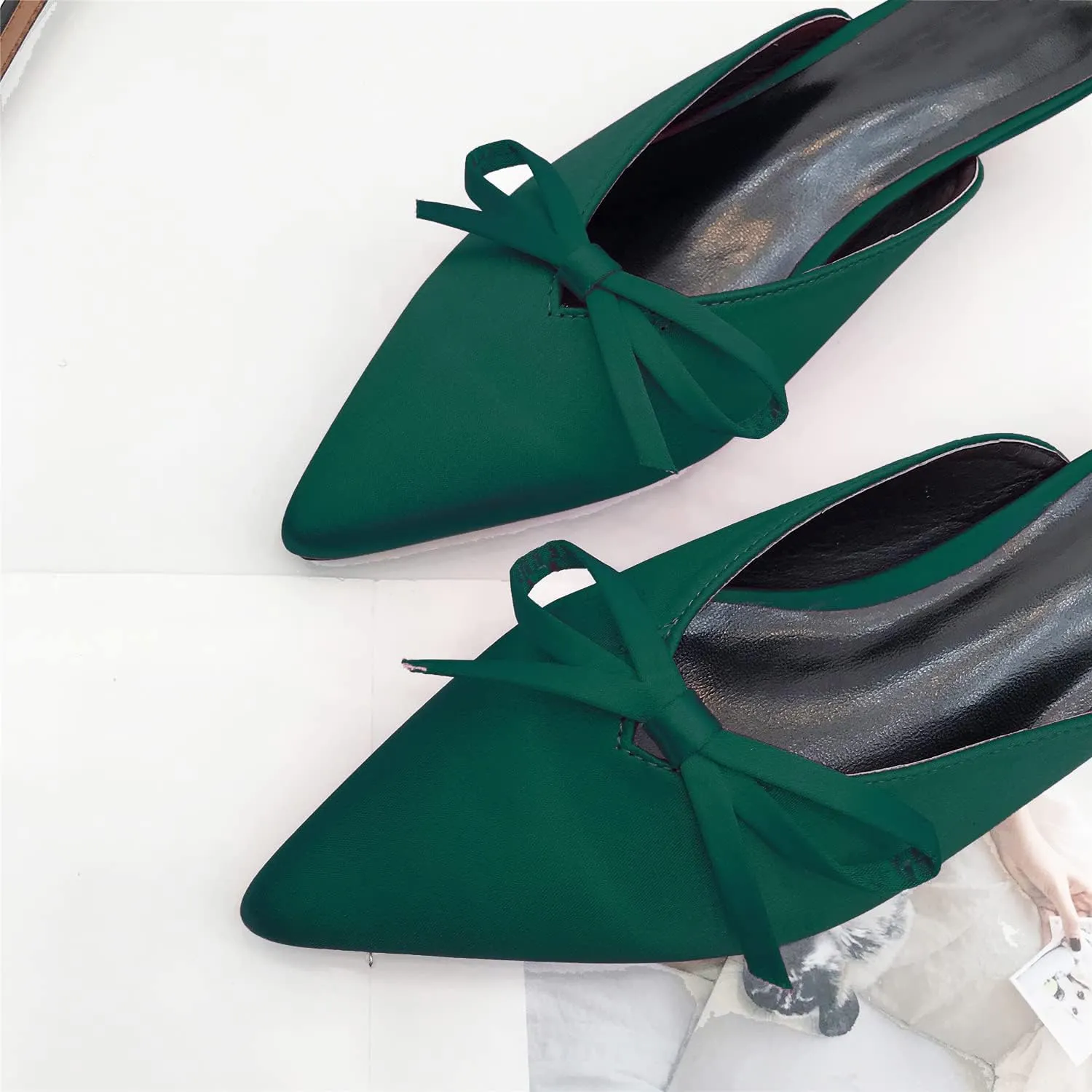 MOOMMO Women Satin Kitten Heel Mules Sandals Pointed Toe Slip On Bowtie Slide Sandal 1.5 Inch Low Heels Backless Loafer Shoes for Office Ladies Dressy Casual Summer Comfort Heeled Slipper 5-13 M US
