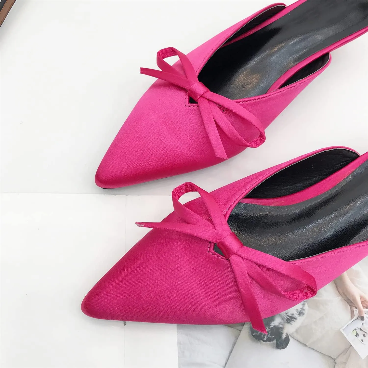 MOOMMO Women Satin Kitten Heel Mules Sandals Pointed Toe Slip On Bowtie Slide Sandal 1.5 Inch Low Heels Backless Loafer Shoes for Office Ladies Dressy Casual Summer Comfort Heeled Slipper 5-13 M US