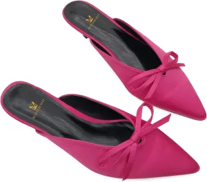 MOOMMO Women Satin Kitten Heel Mules Sandals Pointed Toe Slip On Bowtie Slide Sandal 1.5 Inch Low Heels Backless Loafer Shoes for Office Ladies Dressy Casual Summer Comfort Heeled Slipper 5-13 M US