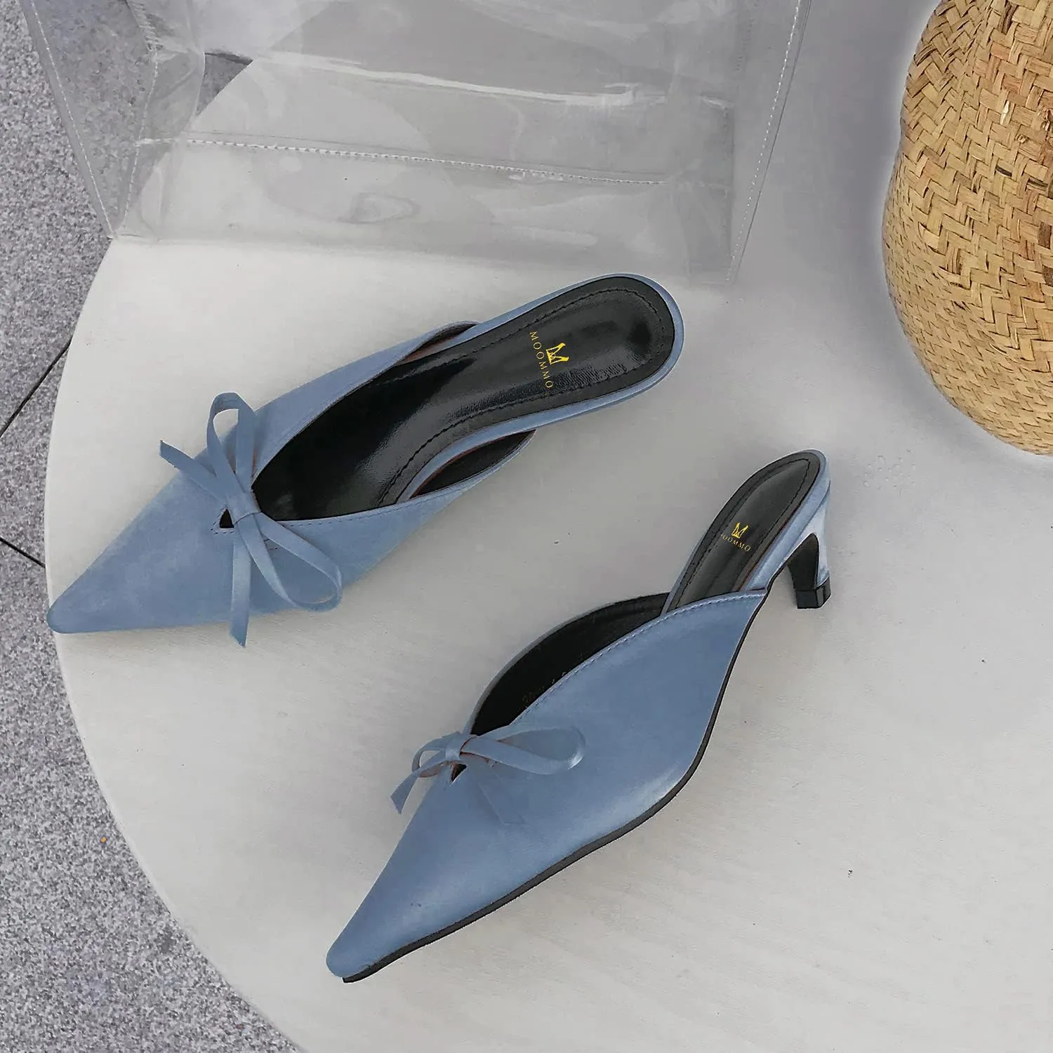 MOOMMO Women Satin Kitten Heel Mules Sandals Pointed Toe Slip On Bowtie Slide Sandal 1.5 Inch Low Heels Backless Loafer Shoes for Office Ladies Dressy Casual Summer Comfort Heeled Slipper 5-13 M US