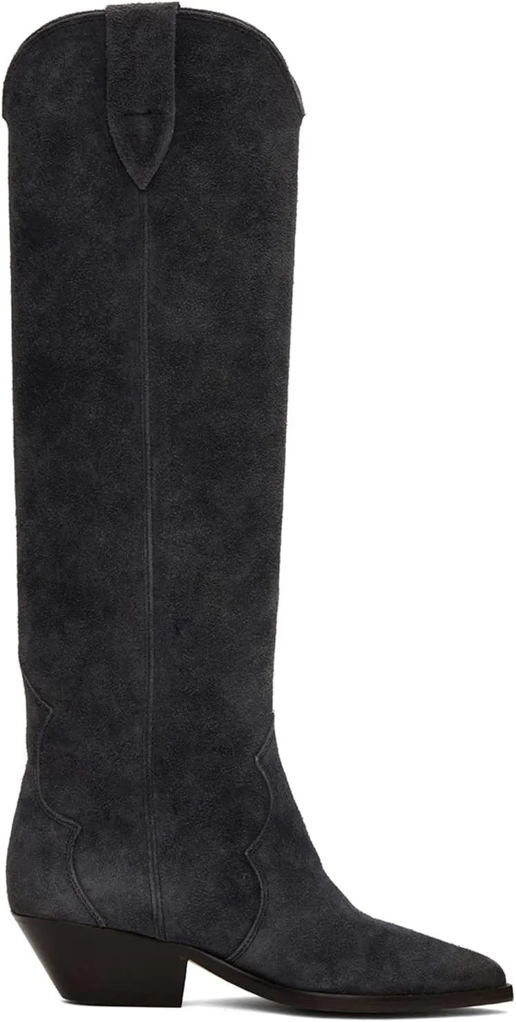 MOOMMO Women Suede Cowboy Knee High Boots Slouch Low Thick Heel Pointed Toe Long Western Boots Wide Calf Pull On Tall Riding Boots Cowgirl Pleated Chunky Heel Dress Boots Casual 4-11 M US