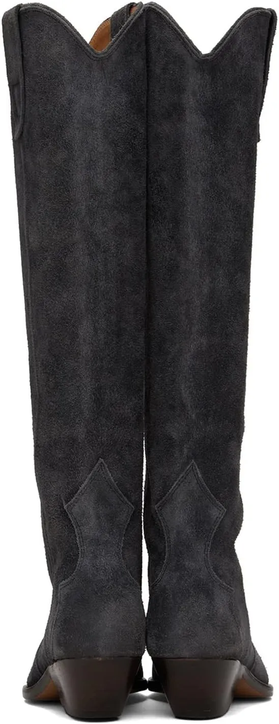MOOMMO Women Suede Cowboy Knee High Boots Slouch Low Thick Heel Pointed Toe Long Western Boots Wide Calf Pull On Tall Riding Boots Cowgirl Pleated Chunky Heel Dress Boots Casual 4-11 M US