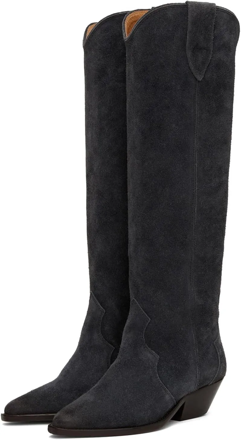 MOOMMO Women Suede Cowboy Knee High Boots Slouch Low Thick Heel Pointed Toe Long Western Boots Wide Calf Pull On Tall Riding Boots Cowgirl Pleated Chunky Heel Dress Boots Casual 4-11 M US