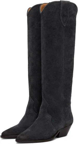 MOOMMO Women Suede Cowboy Knee High Boots Slouch Low Thick Heel Pointed Toe Long Western Boots Wide Calf Pull On Tall Riding Boots Cowgirl Pleated Chunky Heel Dress Boots Casual 4-11 M US