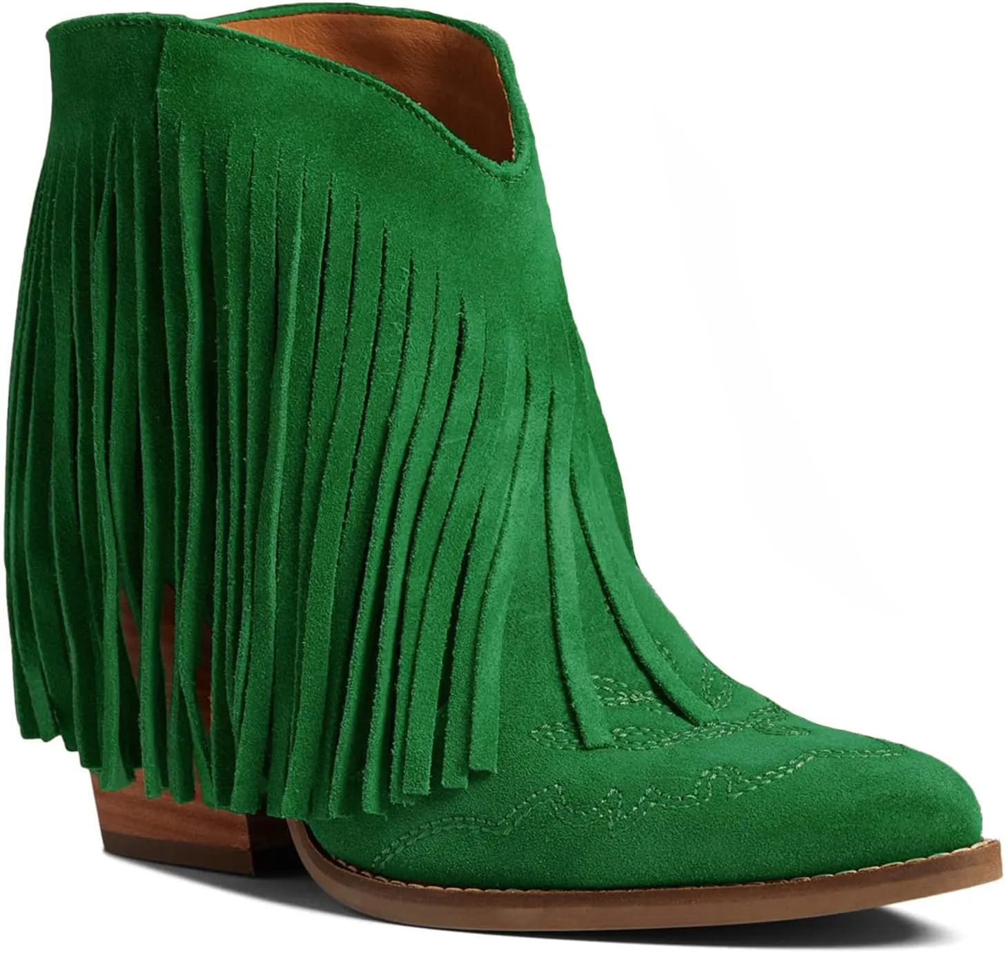 MOOMMO Women Tassel Western Booties Chunky Block Heel Suede Cowboy Ankle Boots Fringe Pointed Closed Toe V-Cut Stacked Heel Slip On Short Boots Cowgirl Embroidered Retro Vintage 4-11 M US