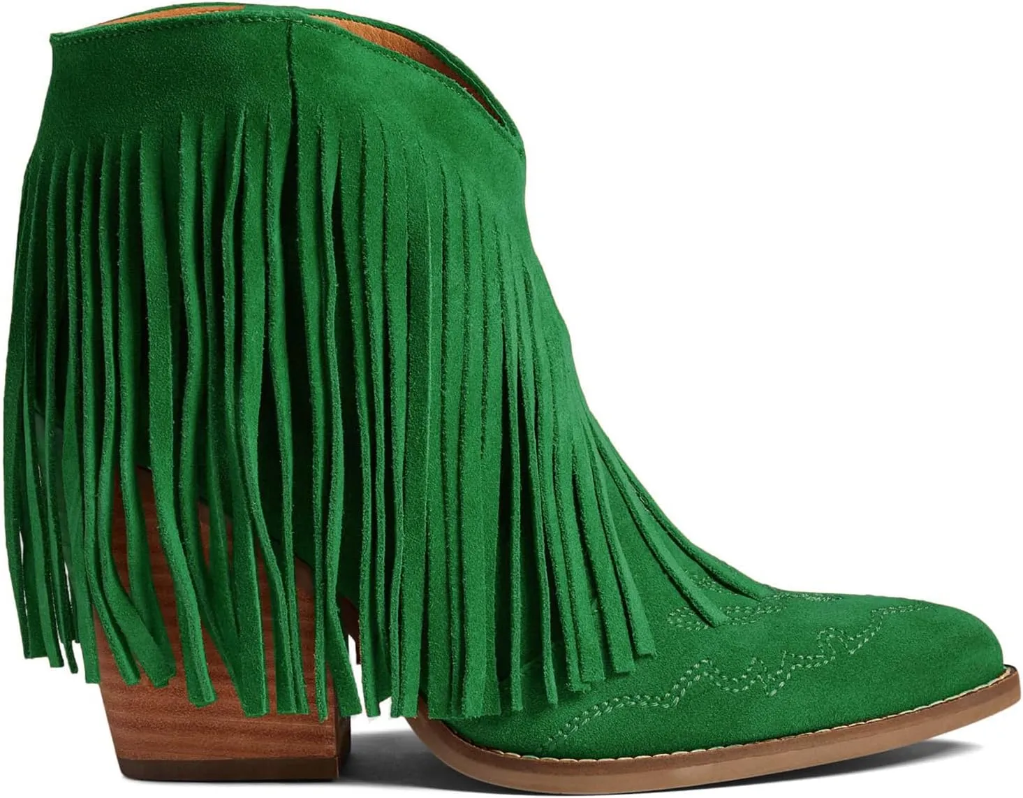 MOOMMO Women Tassel Western Booties Chunky Block Heel Suede Cowboy Ankle Boots Fringe Pointed Closed Toe V-Cut Stacked Heel Slip On Short Boots Cowgirl Embroidered Retro Vintage 4-11 M US