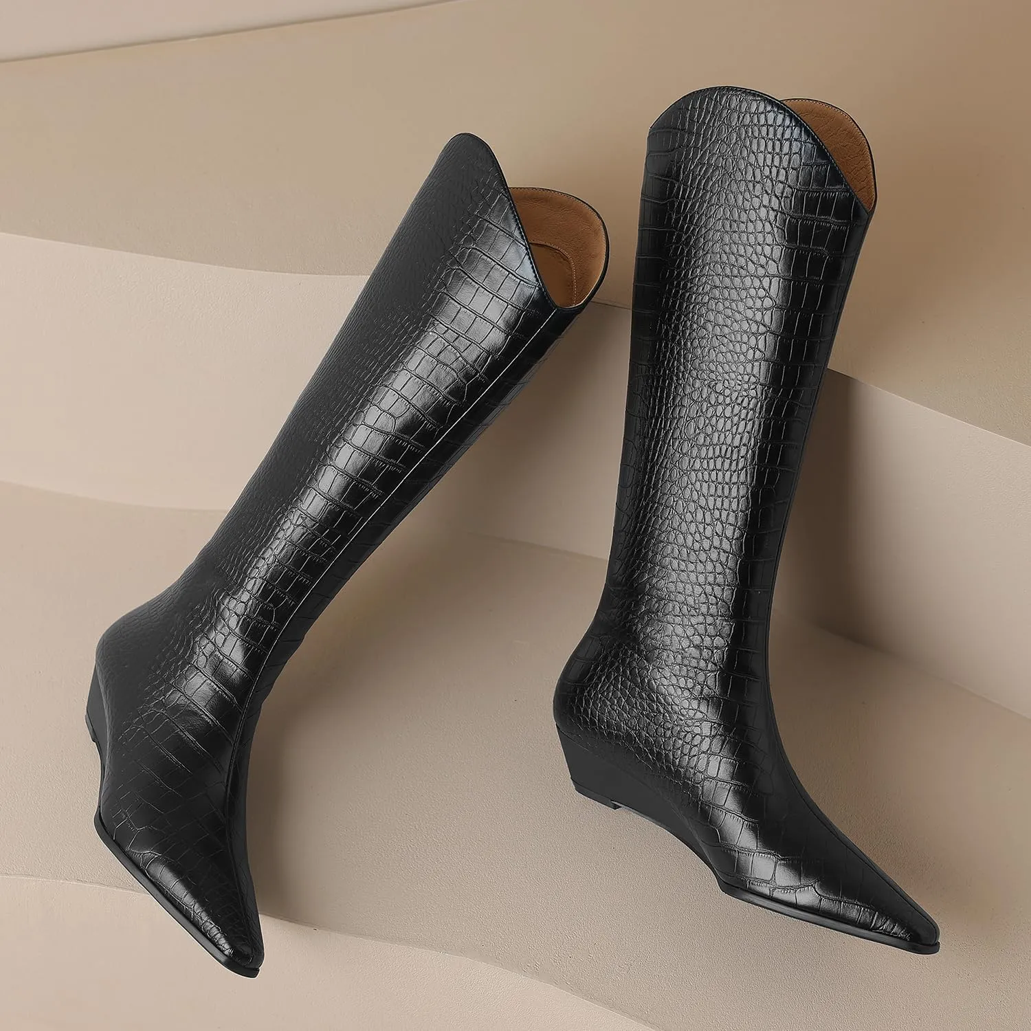 MOOMMO Women Wedge Western Knee Boots Crocodile Long Cowboy Boots Pointed Toe Fashion Pull On Wedge Heel Knee High Boots Cowgirl Animal Print Matte Wide Calf V Cut Sexy 4-8.5 M US