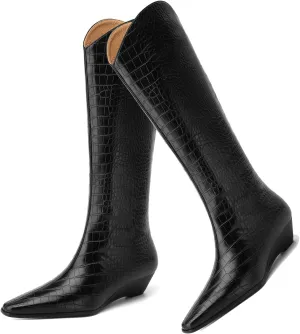 MOOMMO Women Wedge Western Knee Boots Crocodile Long Cowboy Boots Pointed Toe Fashion Pull On Wedge Heel Knee High Boots Cowgirl Animal Print Matte Wide Calf V Cut Sexy 4-8.5 M US