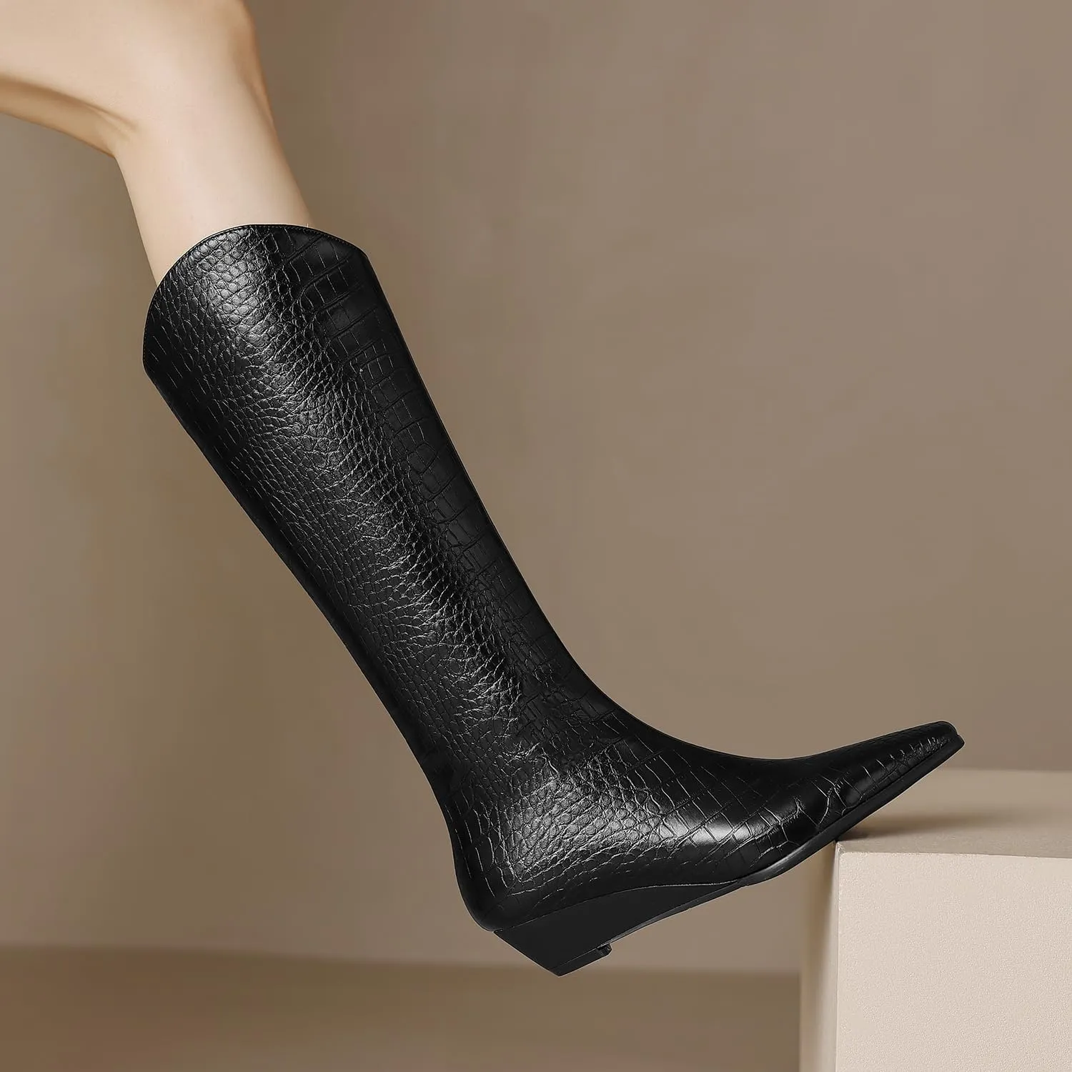 MOOMMO Women Wedge Western Knee Boots Crocodile Long Cowboy Boots Pointed Toe Fashion Pull On Wedge Heel Knee High Boots Cowgirl Animal Print Matte Wide Calf V Cut Sexy 4-8.5 M US