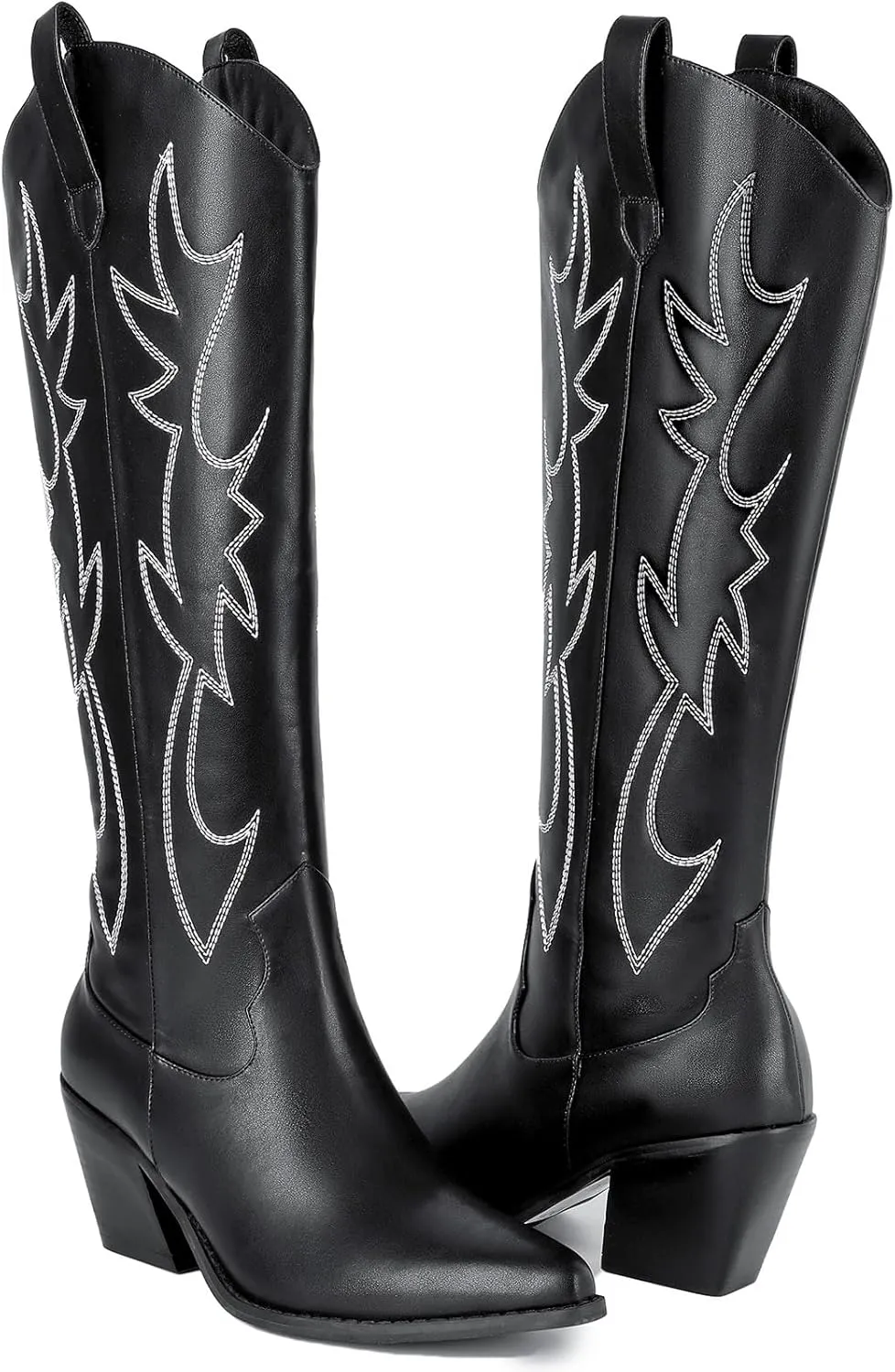 Mostrin Cowgirl Boots for Women Embroidered Cowboy Boots Pointed Toe Knee High Boots Chunky Block Heel Pull On Tall Western Boot for Ladies