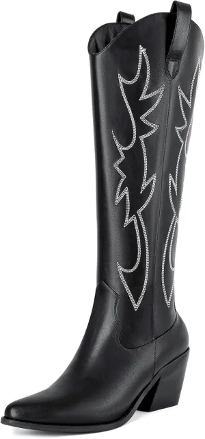 Mostrin Cowgirl Boots for Women Embroidered Cowboy Boots Pointed Toe Knee High Boots Chunky Block Heel Pull On Tall Western Boot for Ladies