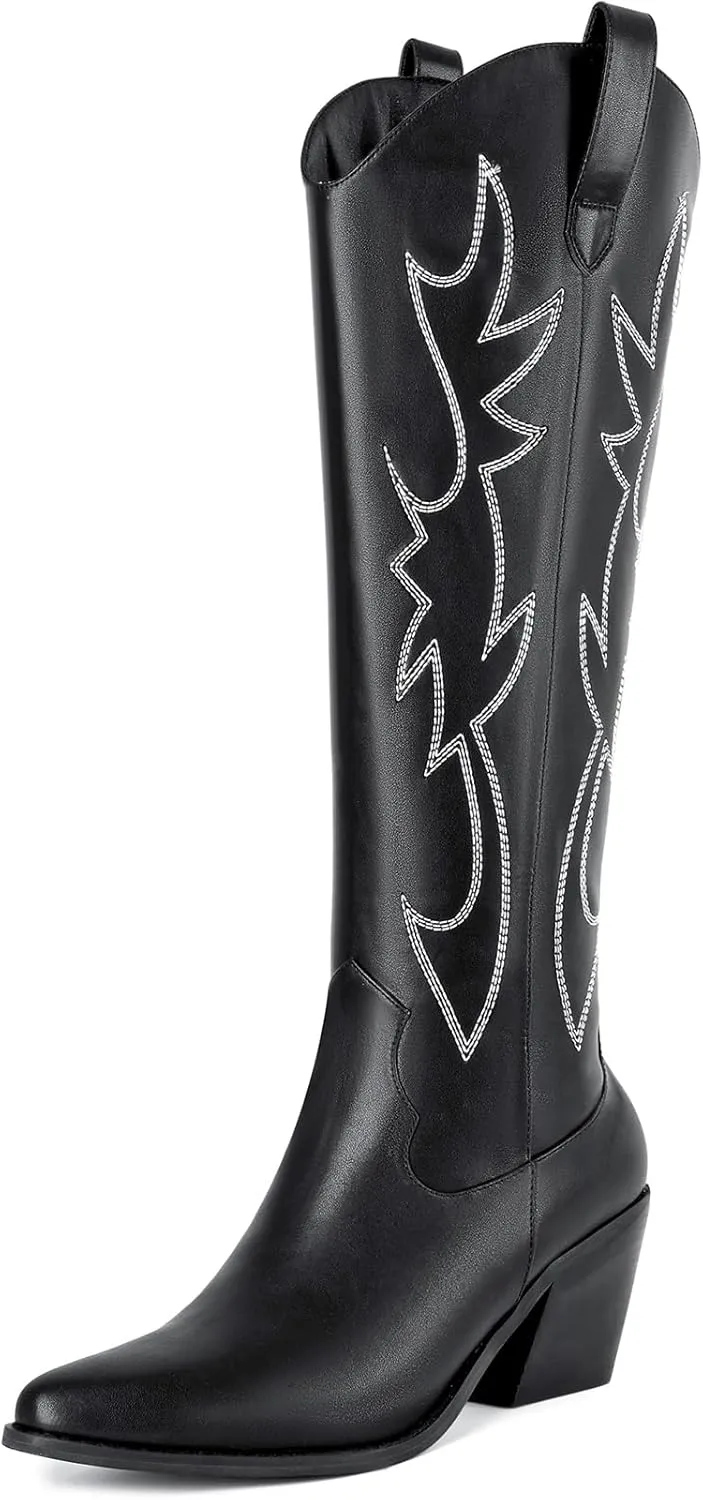 Mostrin Cowgirl Boots for Women Embroidered Cowboy Boots Pointed Toe Knee High Boots Chunky Block Heel Pull On Tall Western Boot for Ladies