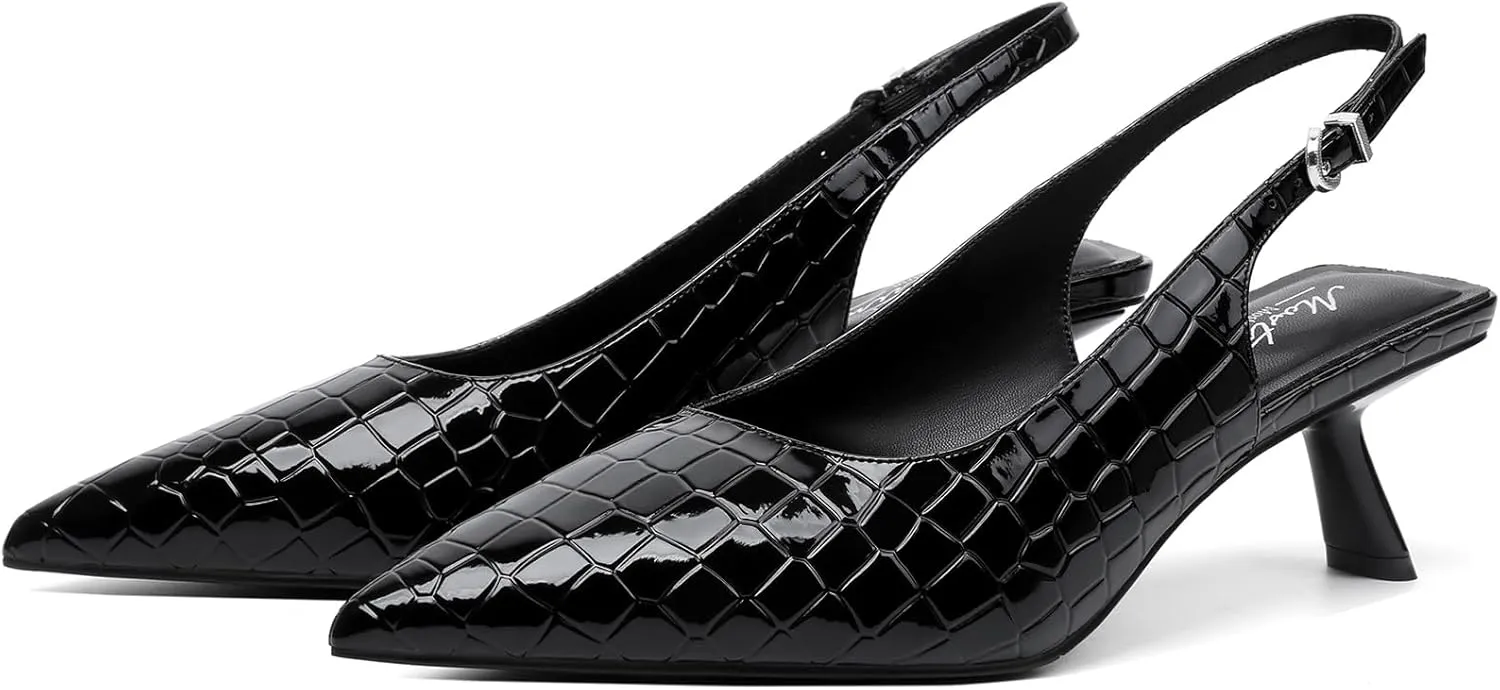 Mostrin Kitten Heels for Women Pointed Toe Pumps Patent Leather Low Heel Slingback Heels with Buckle Dress Shoes for Dating Party Working