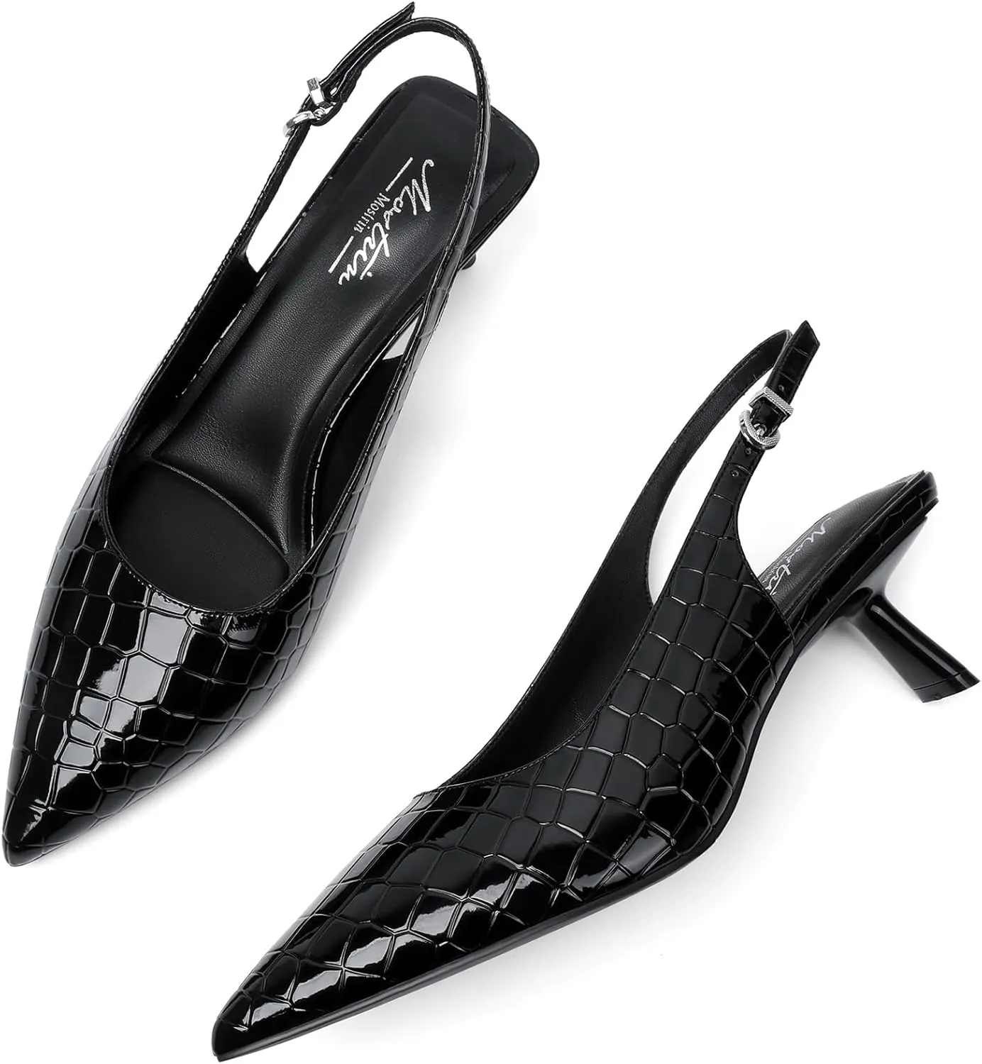 Mostrin Kitten Heels for Women Pointed Toe Pumps Patent Leather Low Heel Slingback Heels with Buckle Dress Shoes for Dating Party Working