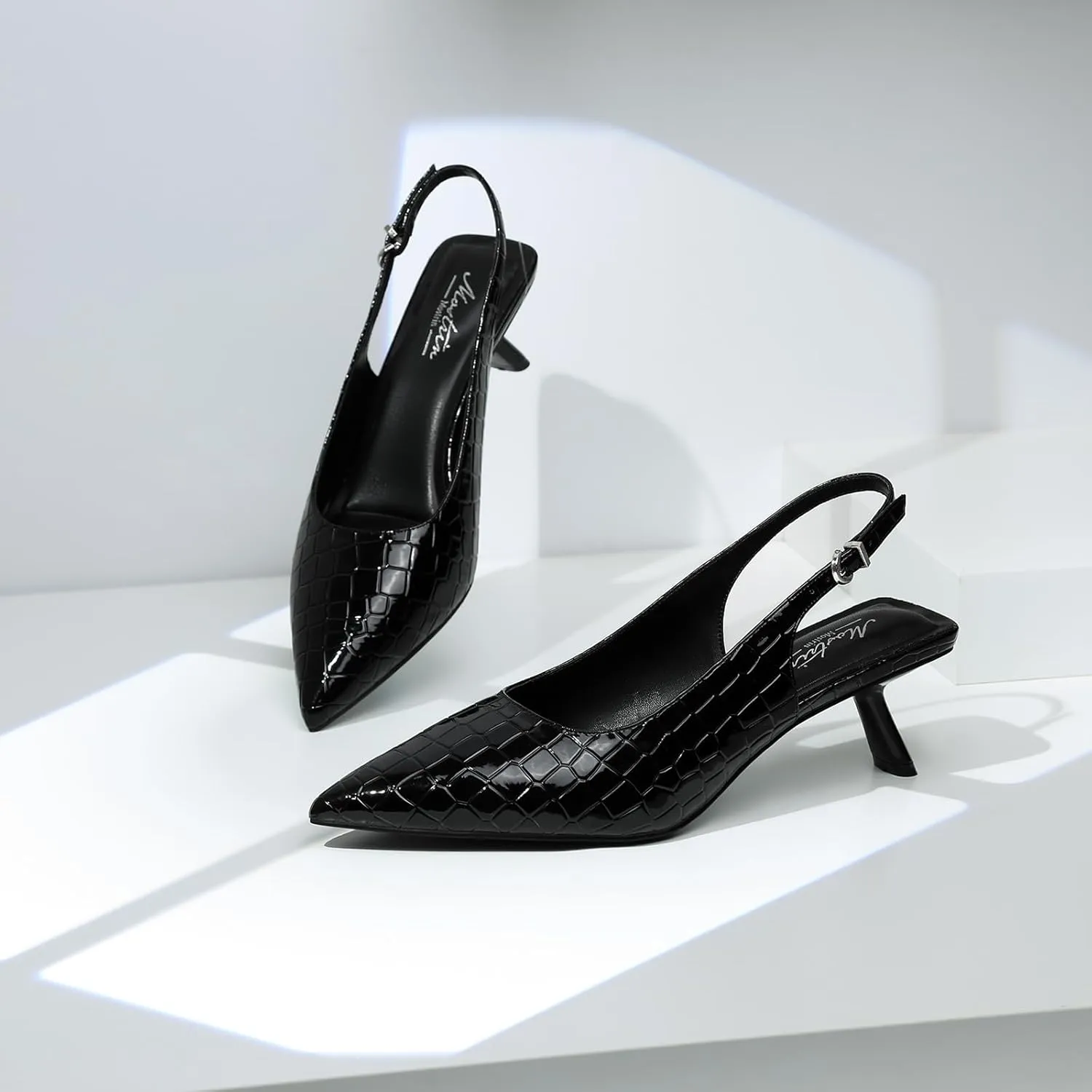 Mostrin Kitten Heels for Women Pointed Toe Pumps Patent Leather Low Heel Slingback Heels with Buckle Dress Shoes for Dating Party Working