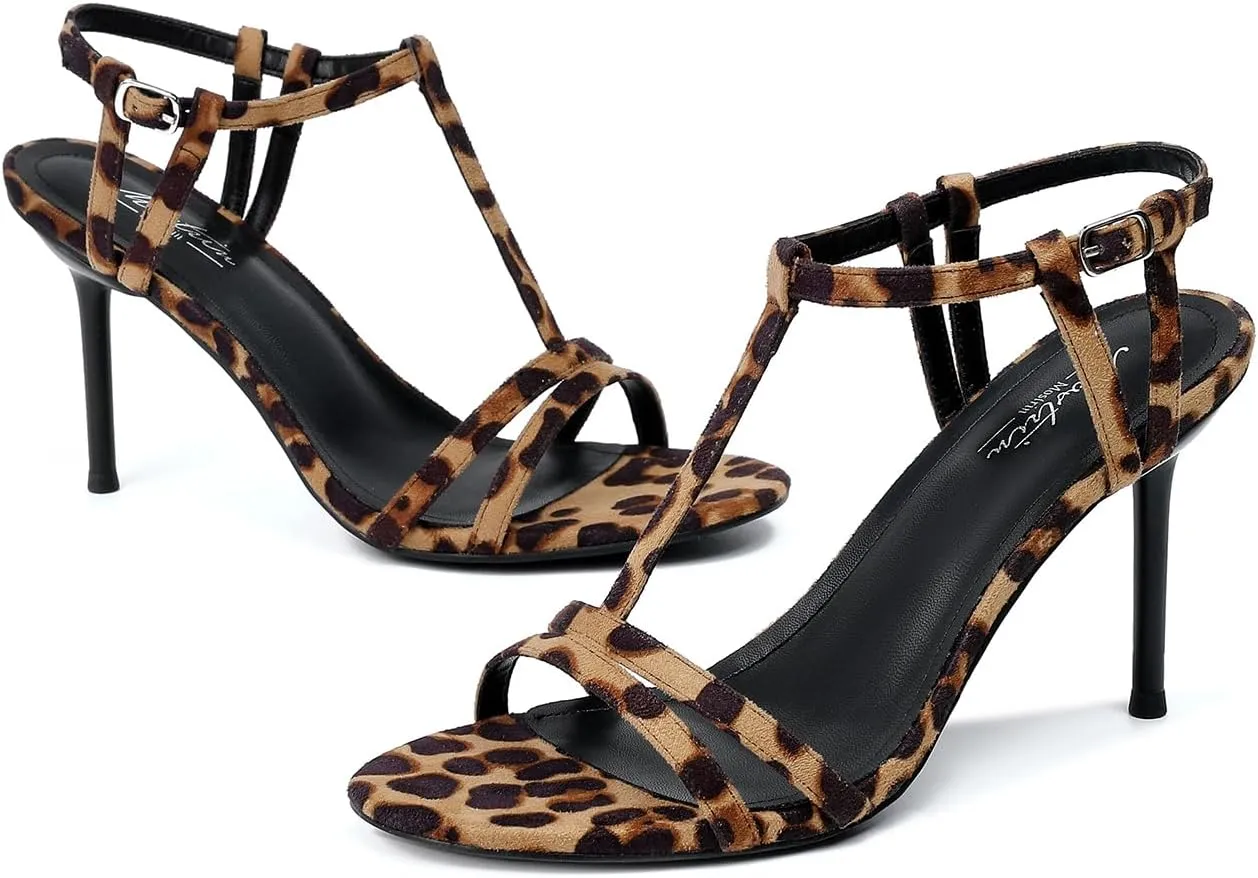 Mostrin Strappy Heels for Women Round Open Toe Lace Up Heeled Sandals Ankle T Strap Stiletto High Heels Dress Shoes