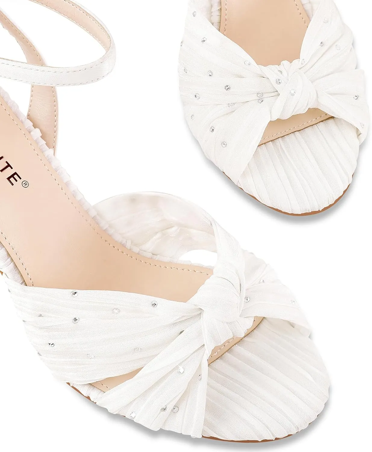 MUCCCUTE Bow Heels for Women Heeled Sandals Chunky Heel Open Toe Ankle Strap Rhinestone Wedding Bridal Dressy Heels