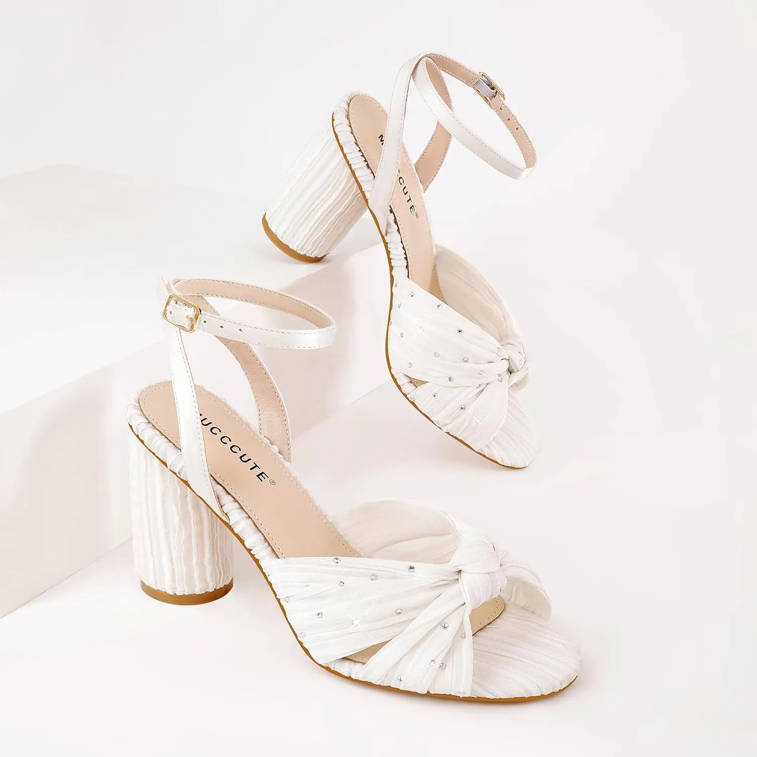 MUCCCUTE Bow Heels for Women Heeled Sandals Chunky Heel Open Toe Ankle Strap Rhinestone Wedding Bridal Dressy Heels