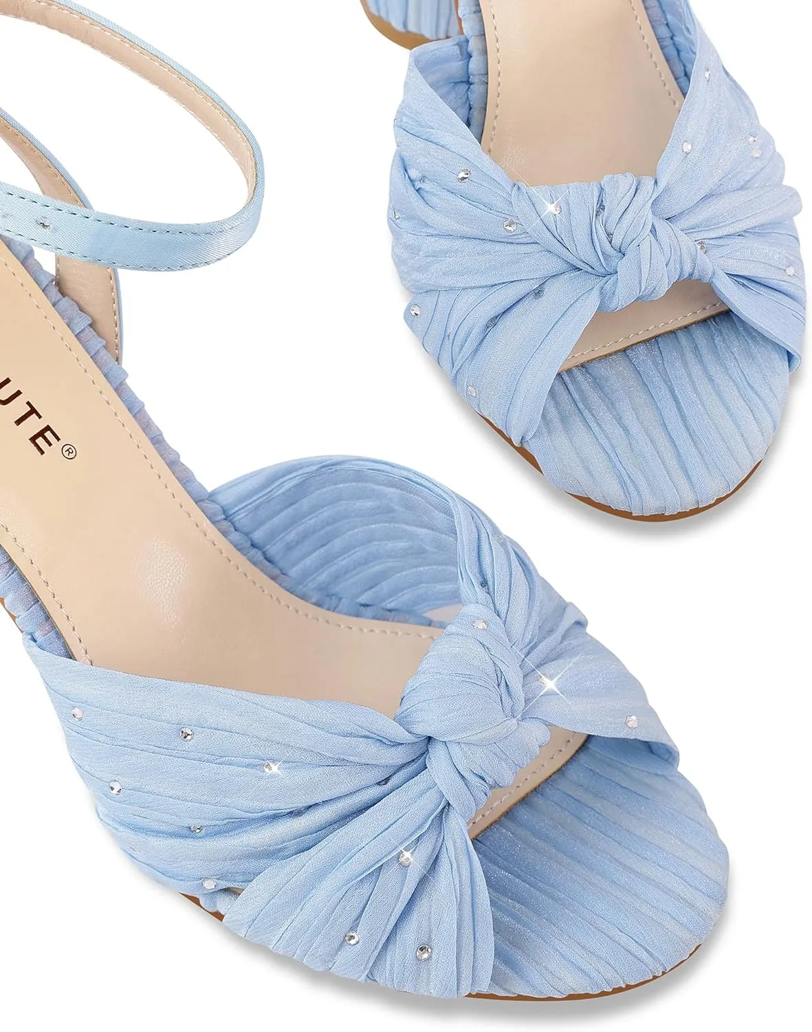 MUCCCUTE Bow Heels for Women Heeled Sandals Chunky Heel Open Toe Ankle Strap Rhinestone Wedding Bridal Dressy Heels