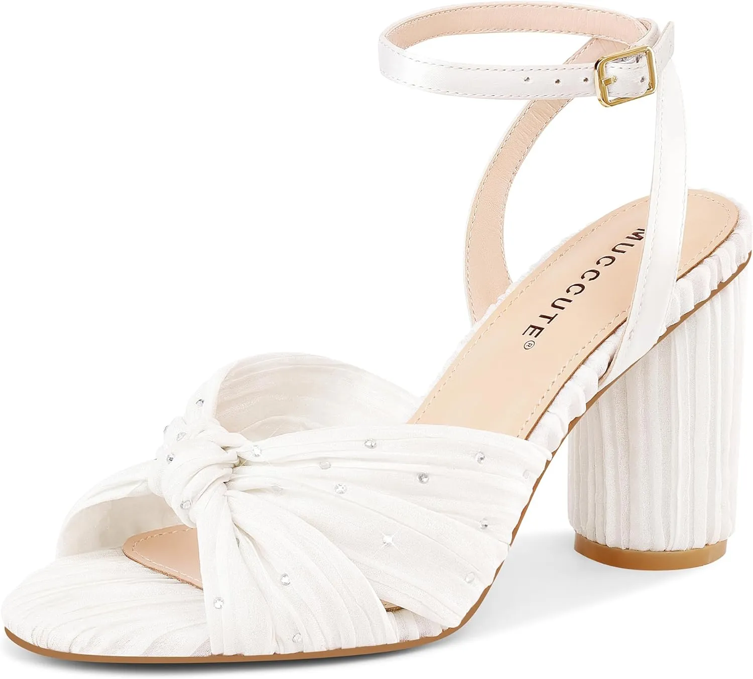 MUCCCUTE Bow Heels for Women Heeled Sandals Chunky Heel Open Toe Ankle Strap Rhinestone Wedding Bridal Dressy Heels