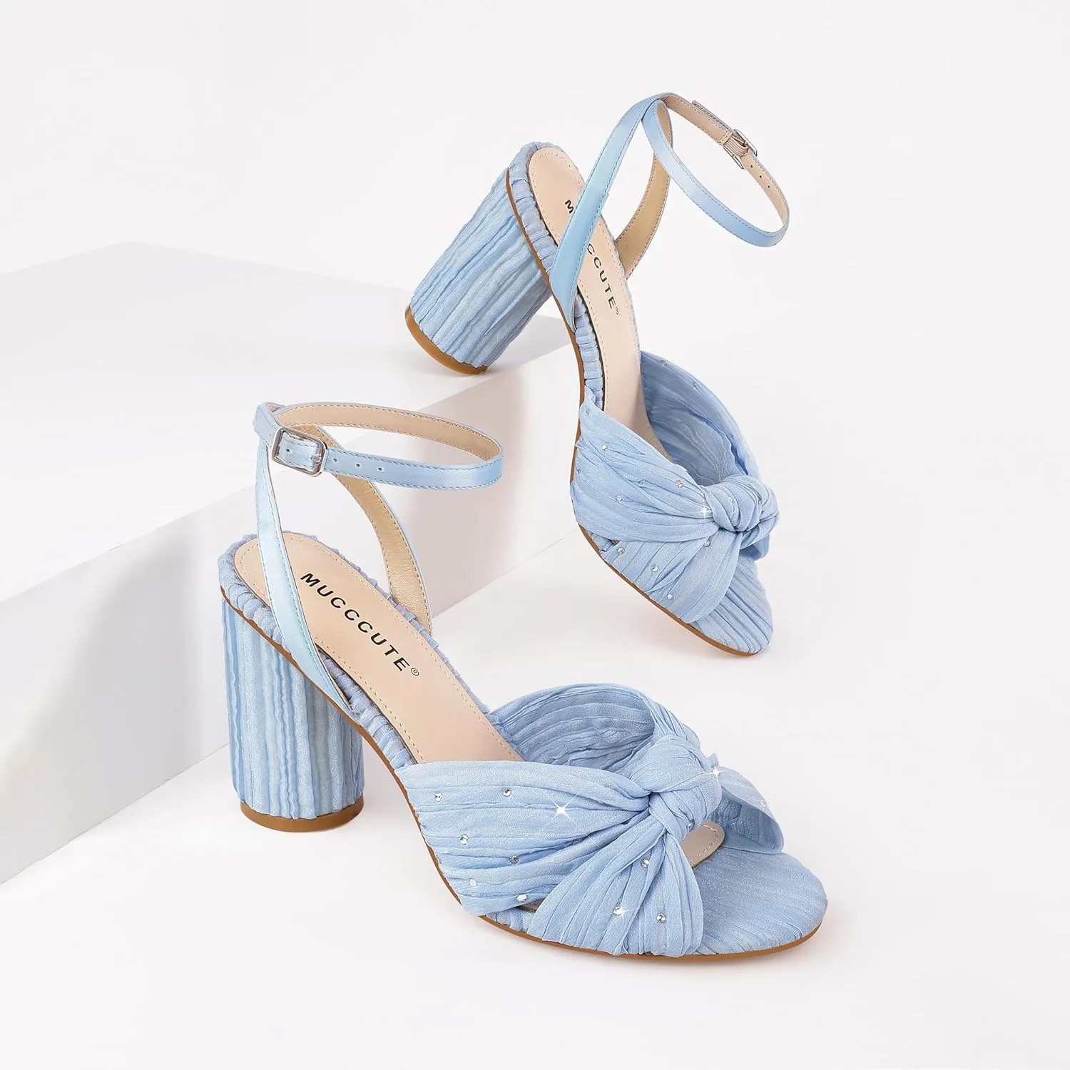 MUCCCUTE Bow Heels for Women Heeled Sandals Chunky Heel Open Toe Ankle Strap Rhinestone Wedding Bridal Dressy Heels