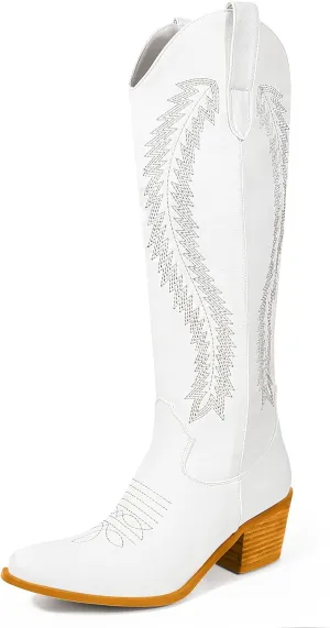 MUCCCUTE Cowboy Boots for Women Cowgirl Boots Knee High Western Tall Boots with Classic Embroidered Pointed Toe Pull On Chunky Heel