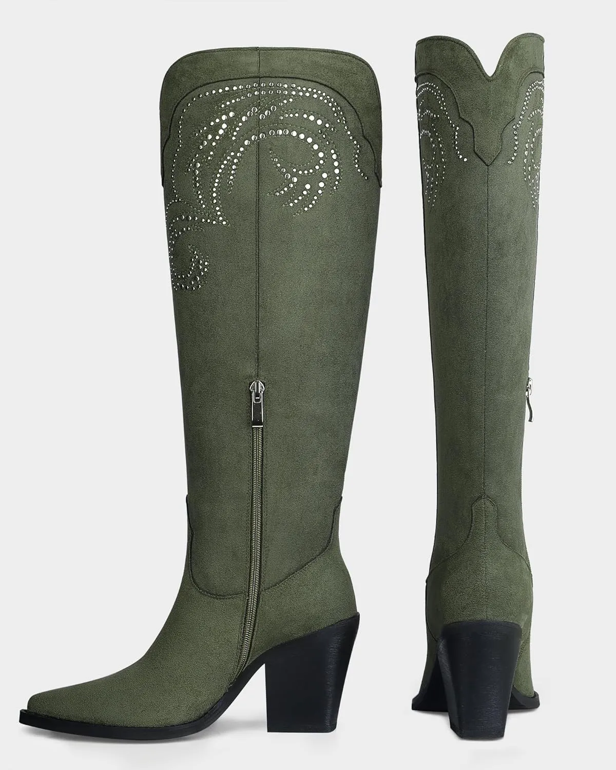 MUCCCUTE Cowgirl Boots Women Cowboy Knee High Boots Pointed Toe Chunky Heel Suede and Faux Leather Botas with Stud Embroidered