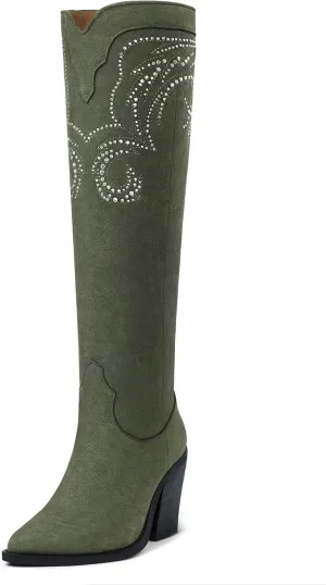MUCCCUTE Cowgirl Boots Women Cowboy Knee High Boots Pointed Toe Chunky Heel Suede and Faux Leather Botas with Stud Embroidered