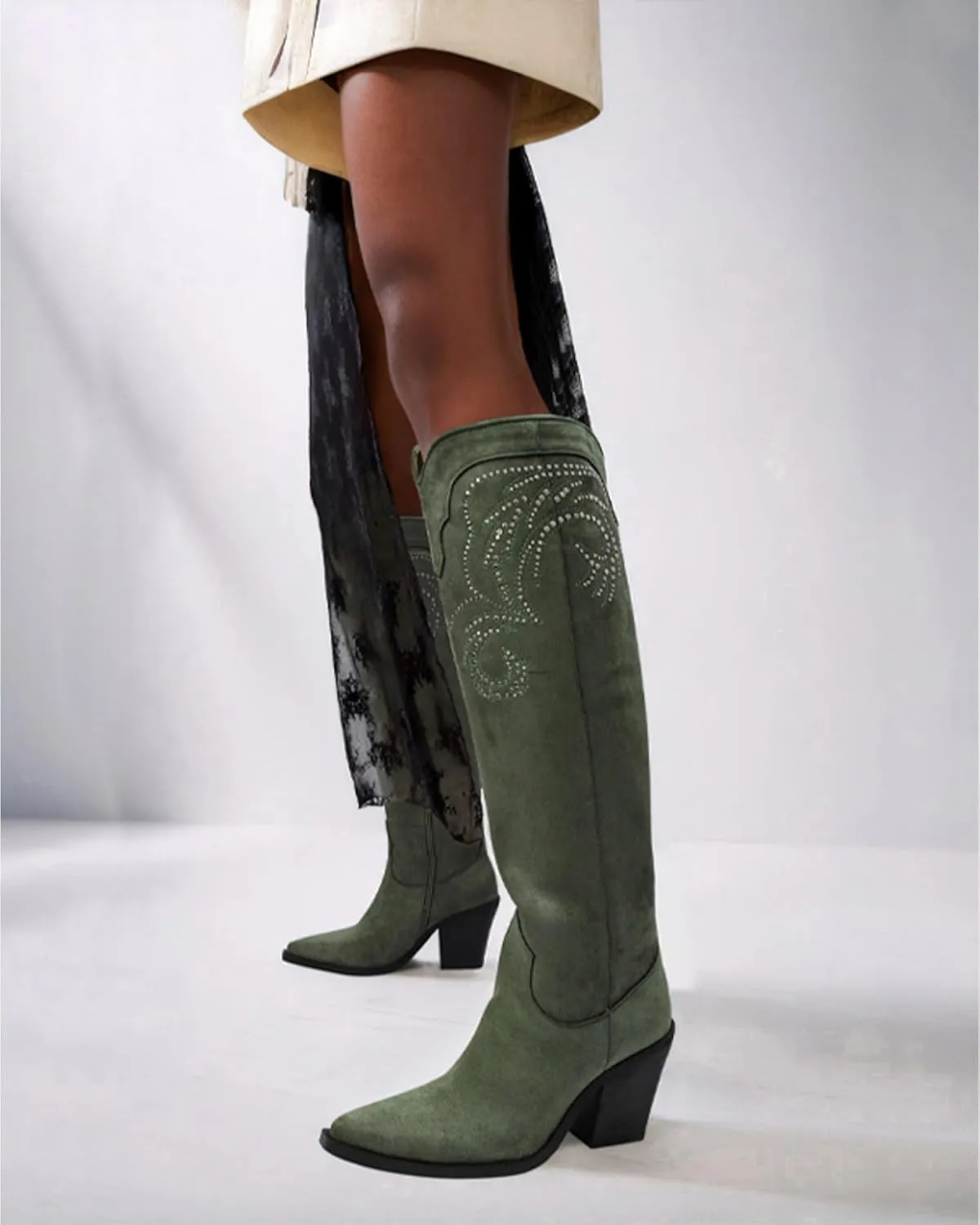 MUCCCUTE Cowgirl Boots Women Cowboy Knee High Boots Pointed Toe Chunky Heel Suede and Faux Leather Botas with Stud Embroidered