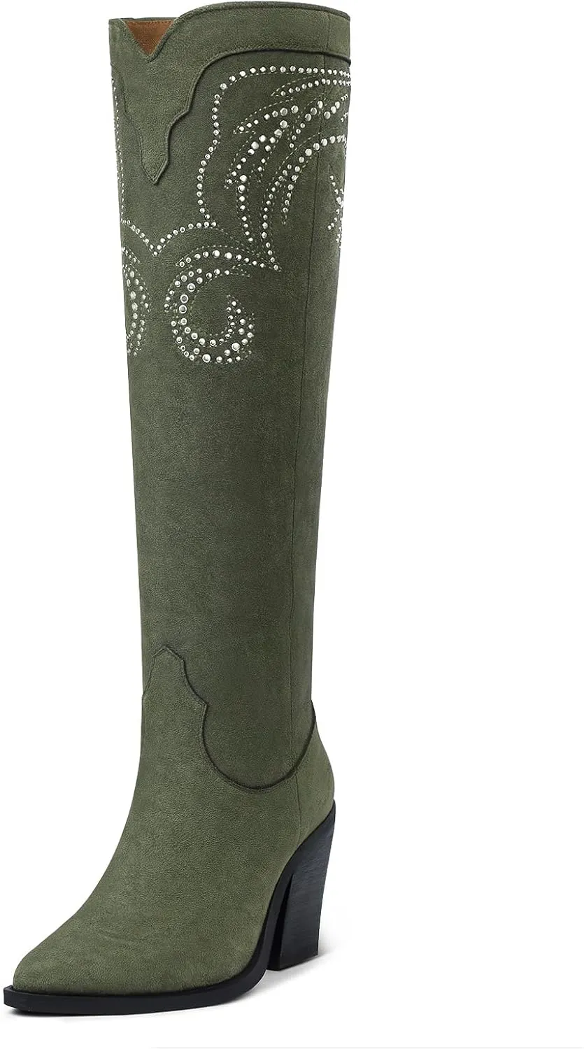 MUCCCUTE Cowgirl Boots Women Cowboy Knee High Boots Pointed Toe Chunky Heel Suede and Faux Leather Botas with Stud Embroidered