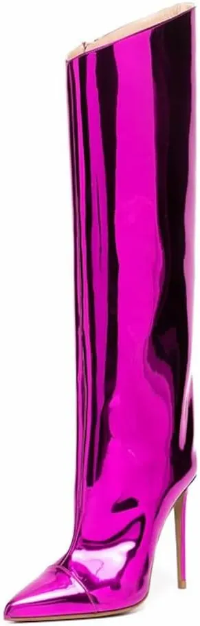 MUCCCUTE Knee High Boots Women High Heel Metallic Stiletto Pointed Toe Thigh High Boots Tall Long Boots Zipper Sexy Fashion Party