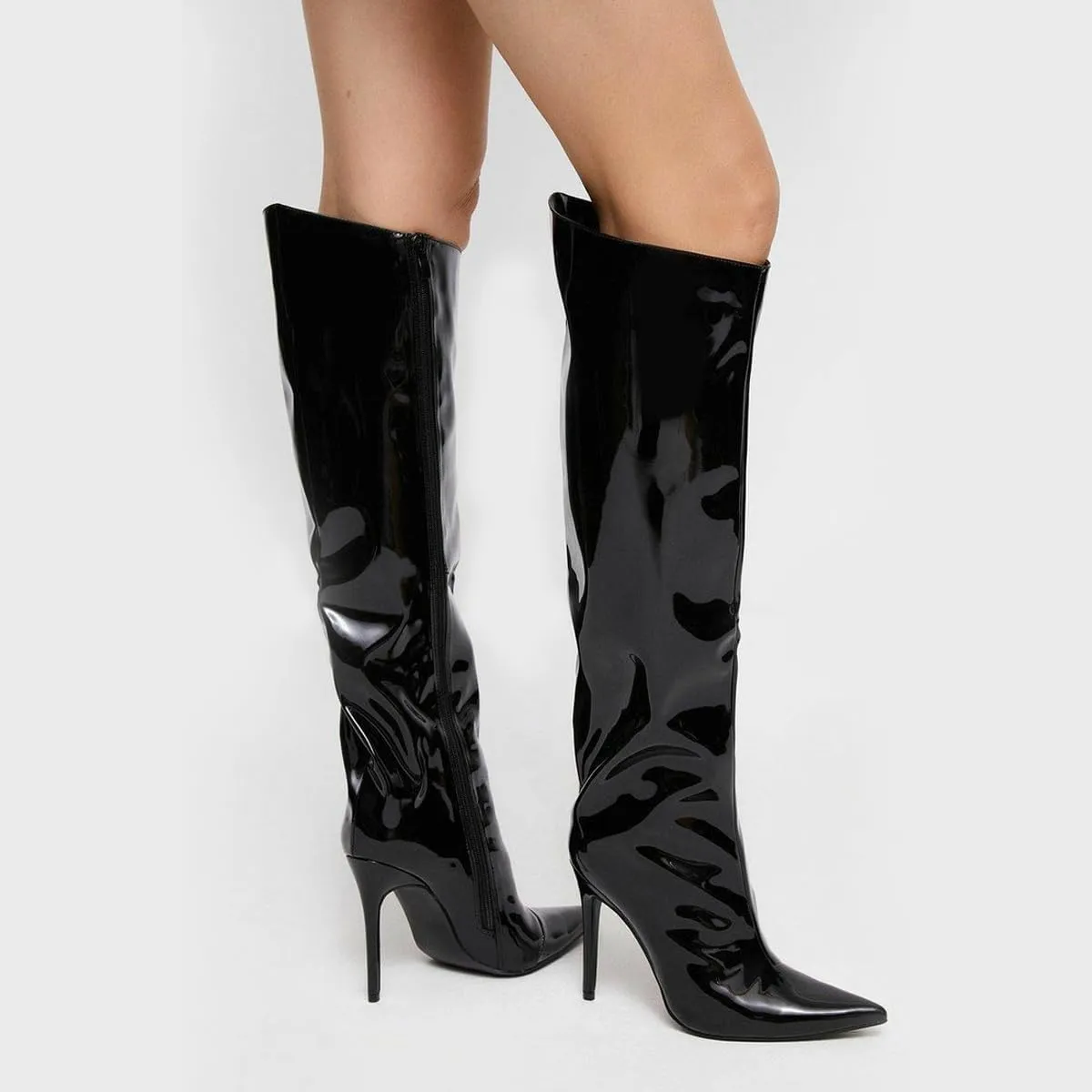 MUCCCUTE Knee High Boots Women High Heel Metallic Stiletto Pointed Toe Thigh High Boots Tall Long Boots Zipper Sexy Fashion Party