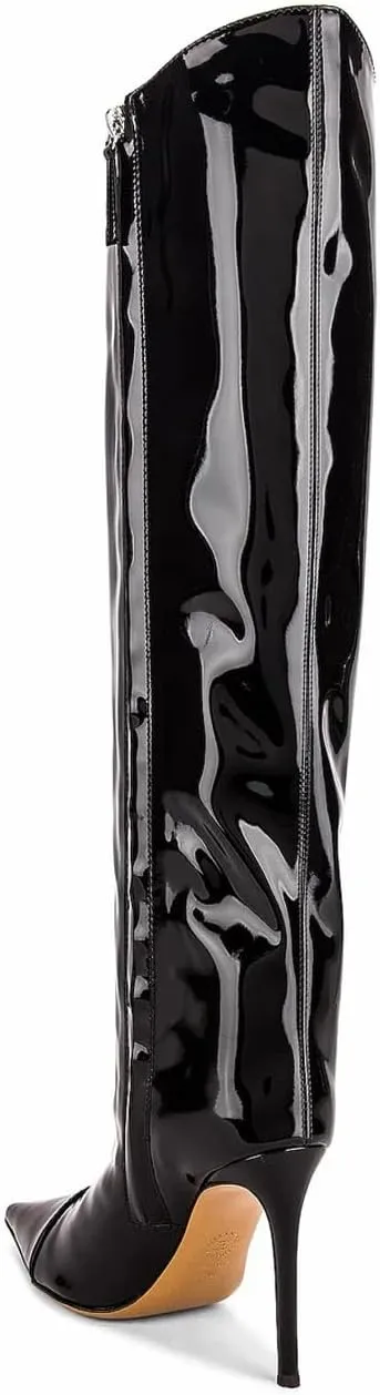 MUCCCUTE Knee High Boots Women High Heel Metallic Stiletto Pointed Toe Thigh High Boots Tall Long Boots Zipper Sexy Fashion Party