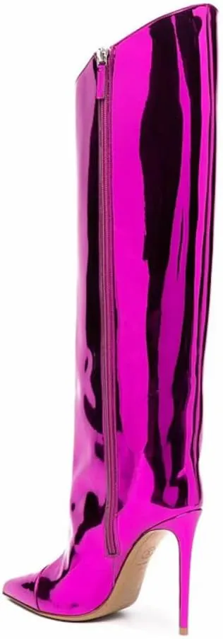 MUCCCUTE Knee High Boots Women High Heel Metallic Stiletto Pointed Toe Thigh High Boots Tall Long Boots Zipper Sexy Fashion Party