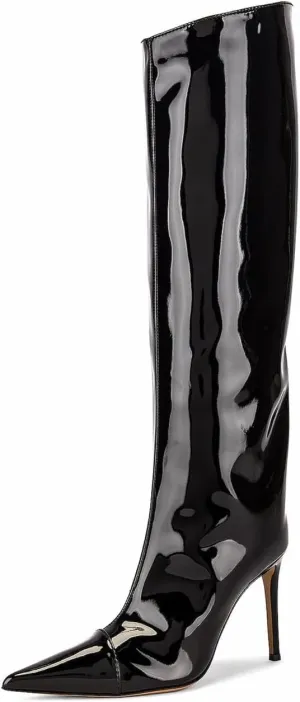 MUCCCUTE Knee High Boots Women High Heel Metallic Stiletto Pointed Toe Thigh High Boots Tall Long Boots Zipper Sexy Fashion Party