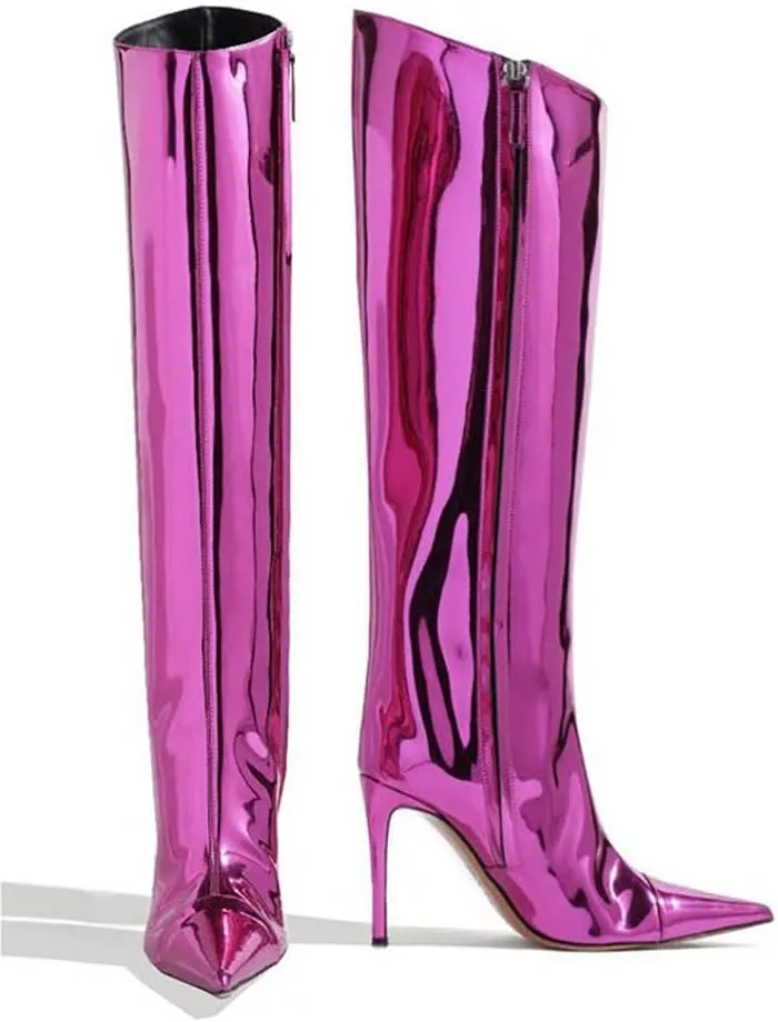 MUCCCUTE Knee High Boots Women High Heel Metallic Stiletto Pointed Toe Thigh High Boots Tall Long Boots Zipper Sexy Fashion Party
