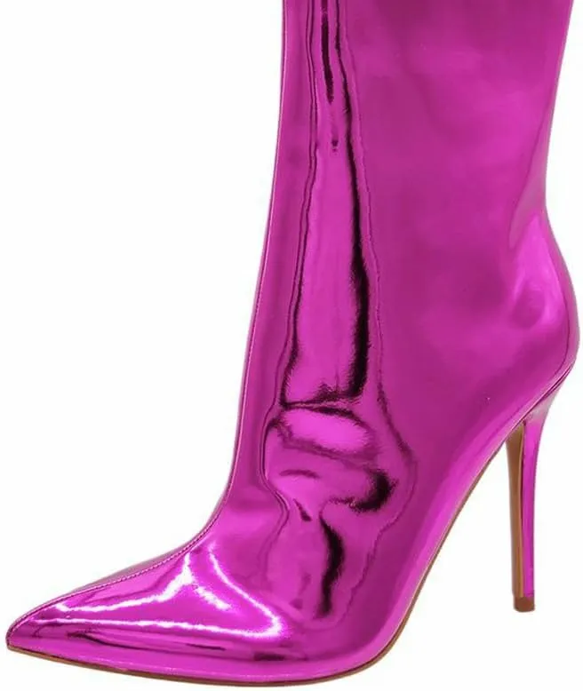 MUCCCUTE Knee High Boots Women High Heel Metallic Stiletto Pointed Toe Thigh High Boots Tall Long Boots Zipper Sexy Fashion Party