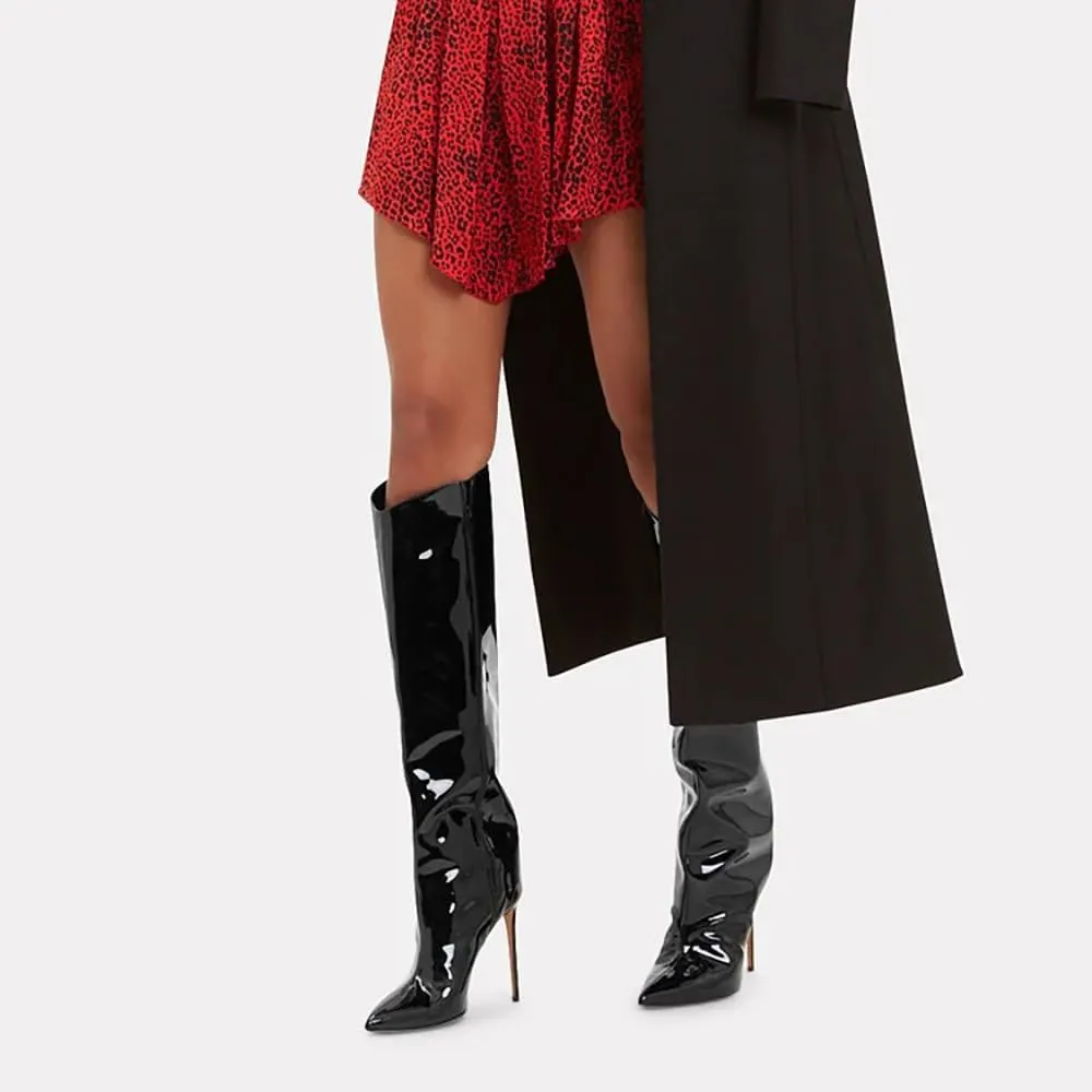 MUCCCUTE Knee High Boots Women High Heel Metallic Stiletto Pointed Toe Thigh High Boots Tall Long Boots Zipper Sexy Fashion Party