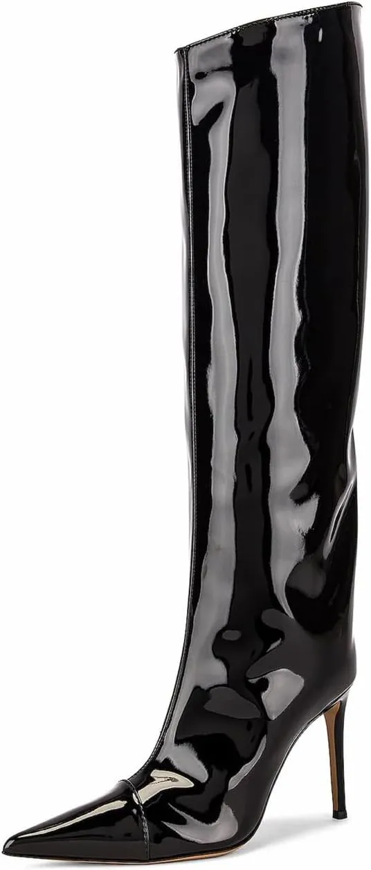 MUCCCUTE Knee High Boots Women High Heel Metallic Stiletto Pointed Toe Thigh High Boots Tall Long Boots Zipper Sexy Fashion Party