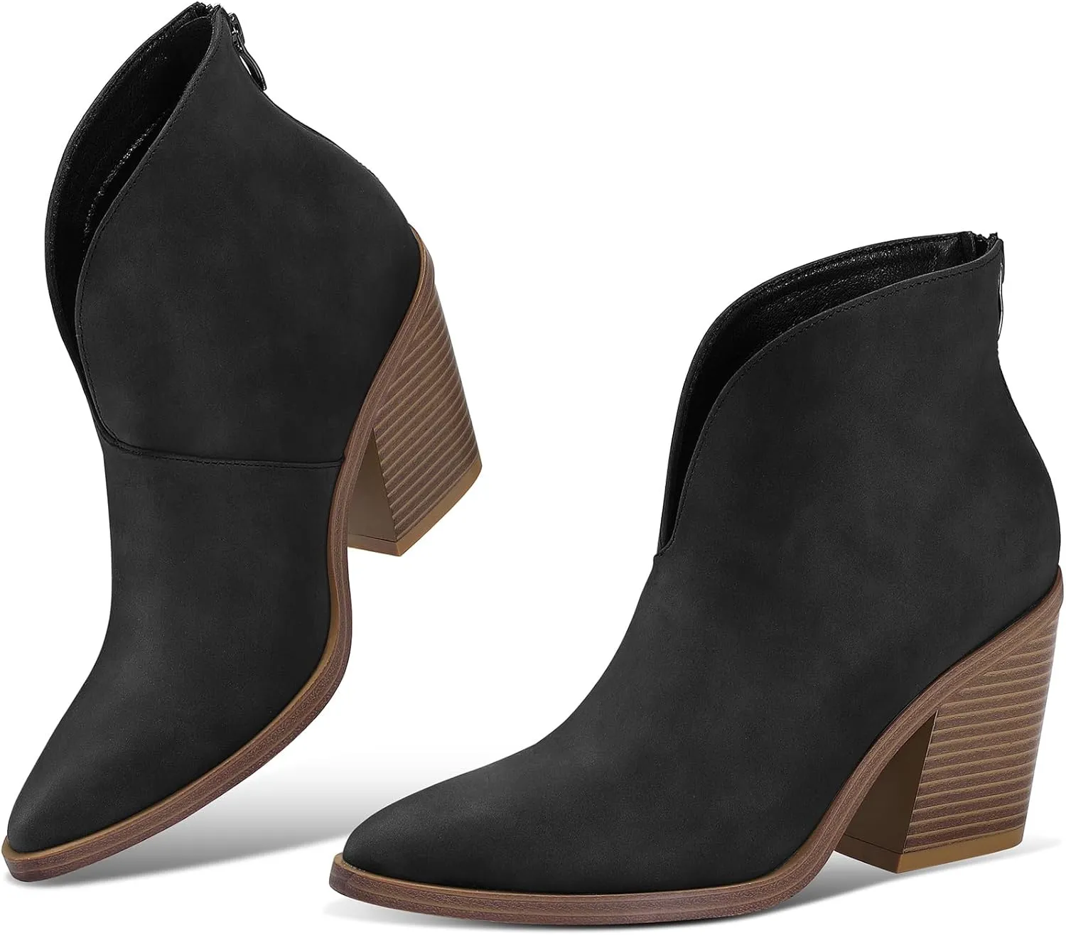 mysoft Women's V Cut Out Ankle Boots Slip On Pointed Toe Chunky Stacked Heel Booties