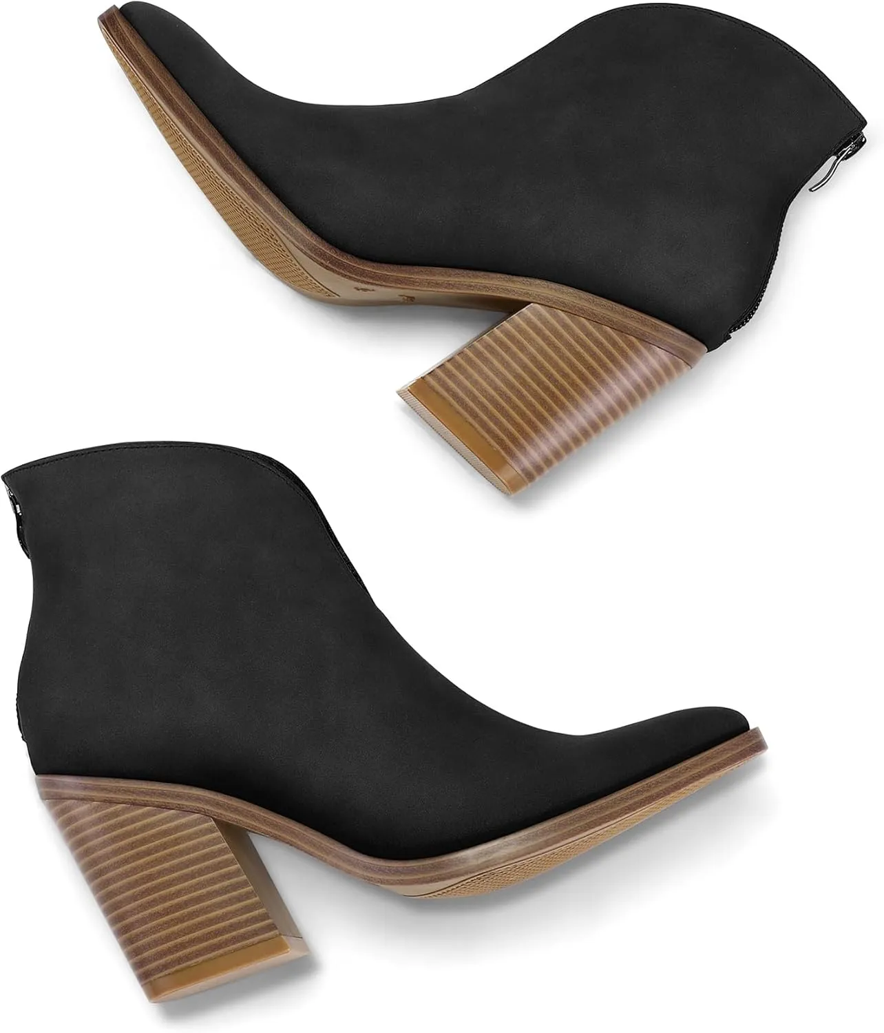 mysoft Women's V Cut Out Ankle Boots Slip On Pointed Toe Chunky Stacked Heel Booties