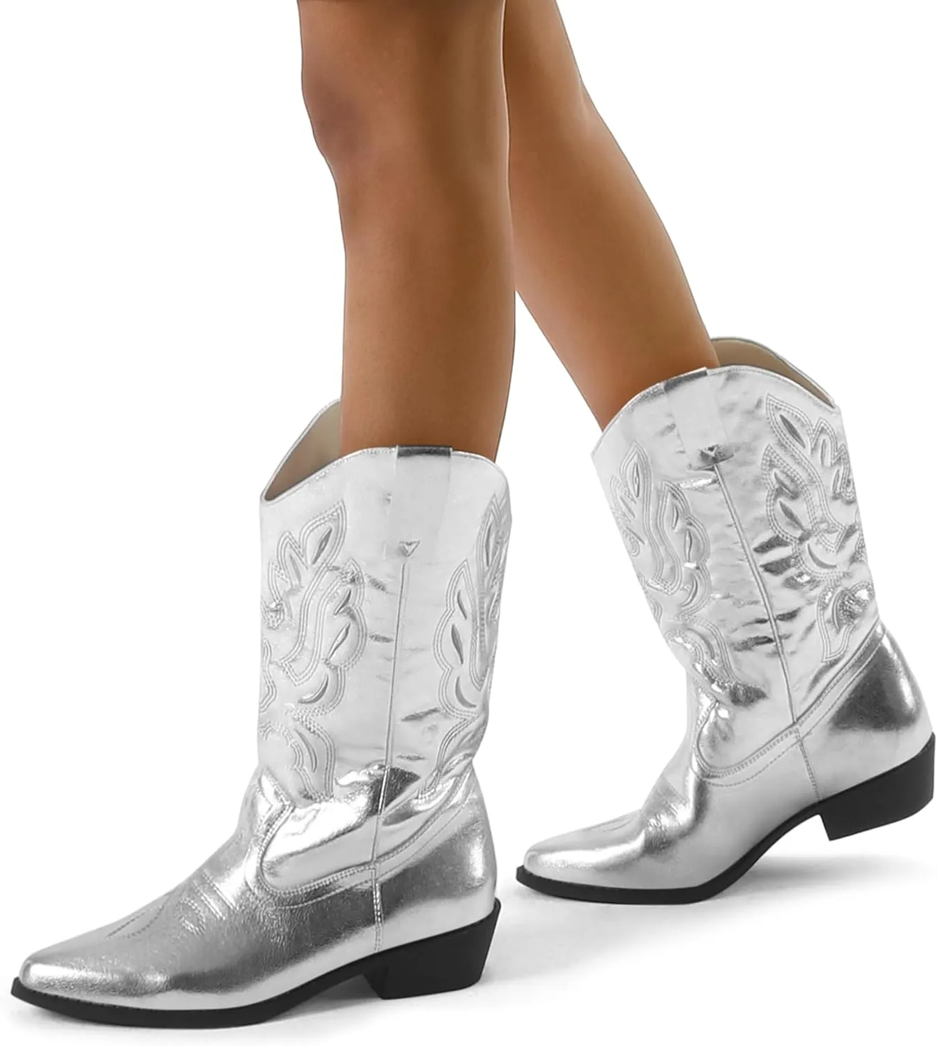 mysoft Women's Western Cowboy Boots Embroidered Mid-Calf Pointed Toe Cowgirl Boot