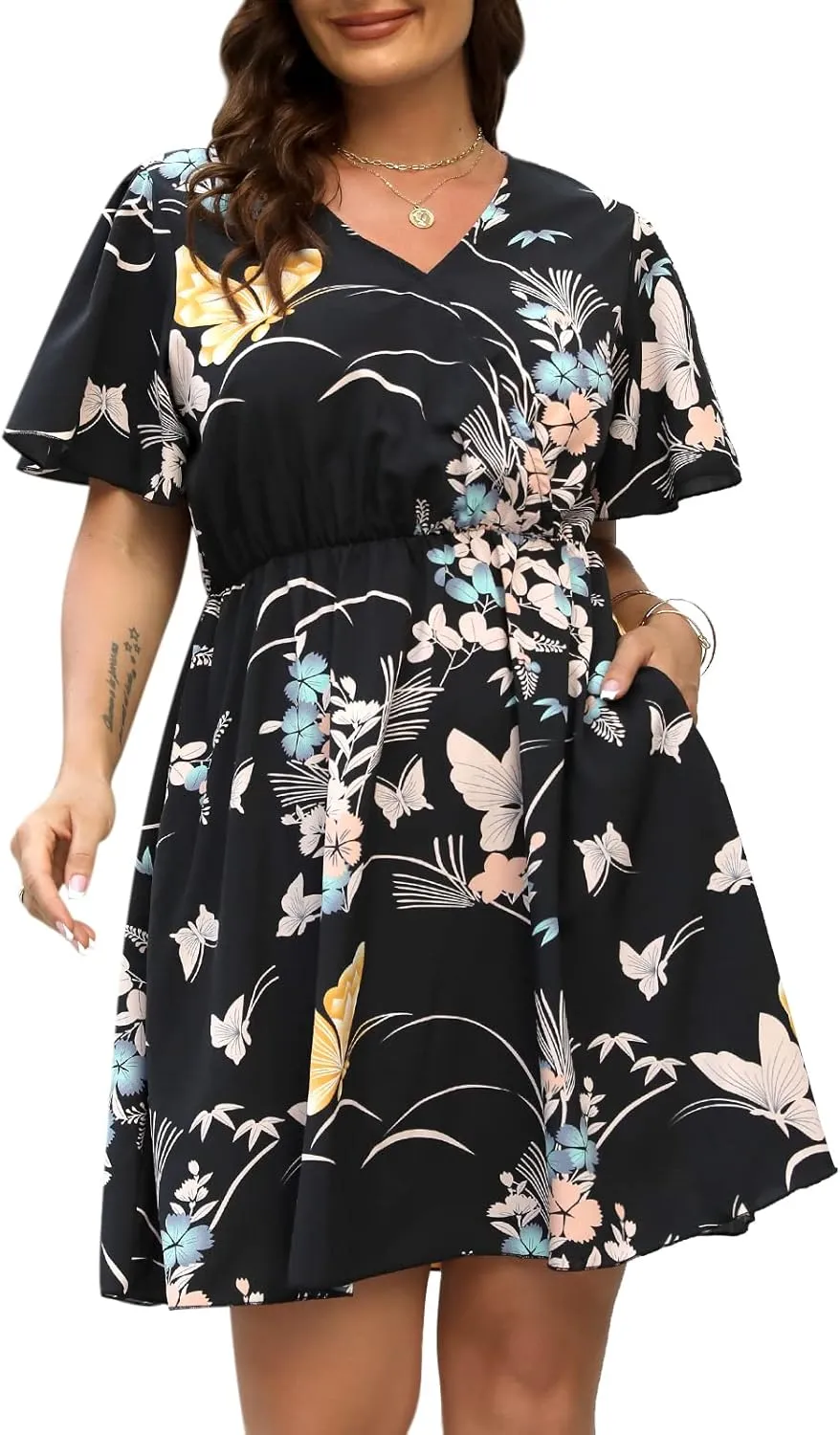 Nemidor Womens Casual V-Neck Plus Size Summer Boho Swing Wrap Dress with Pockets NEM266